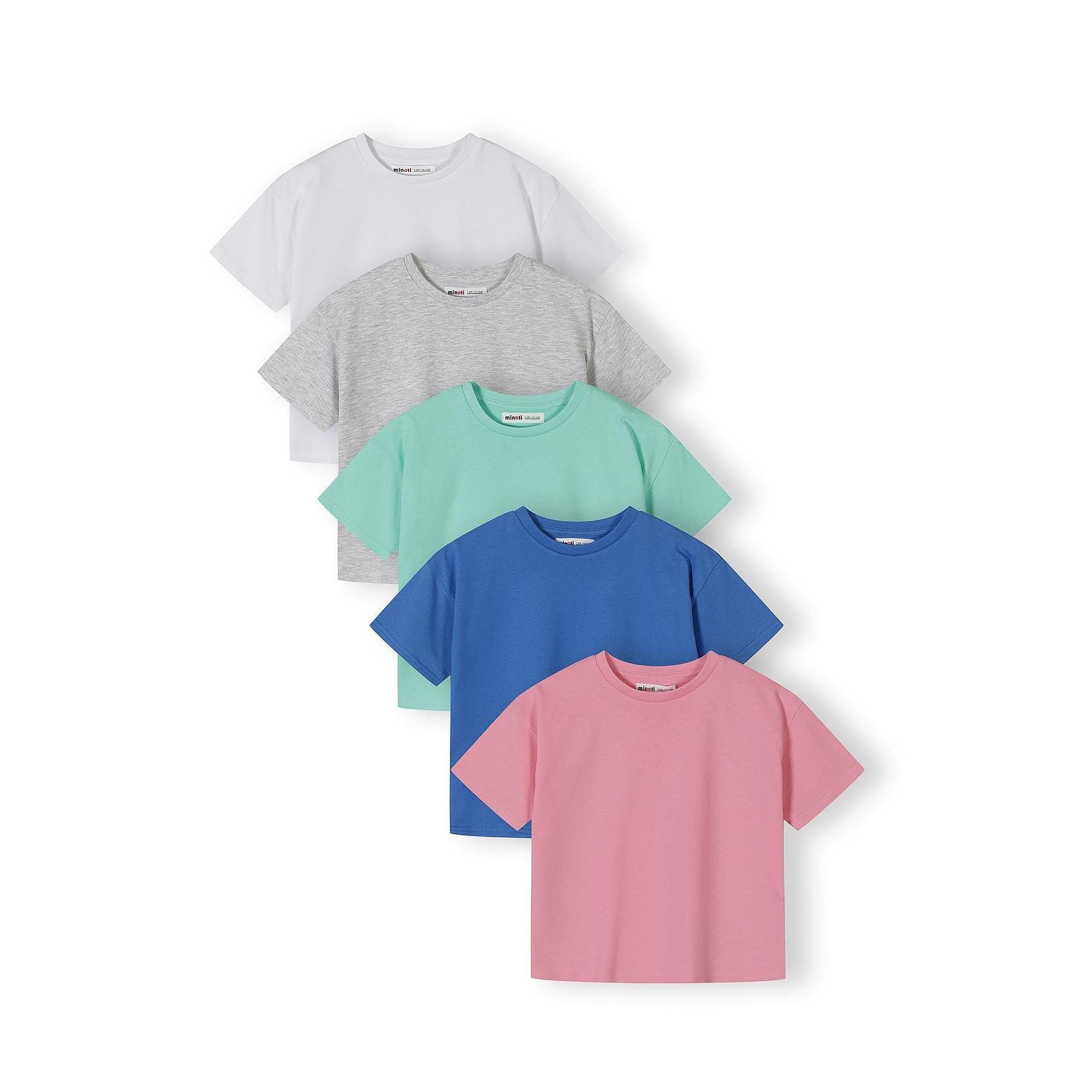 Five jersey t-shirts arranged in a fan formation showing pink, blue, mint, grey and white colours against white background