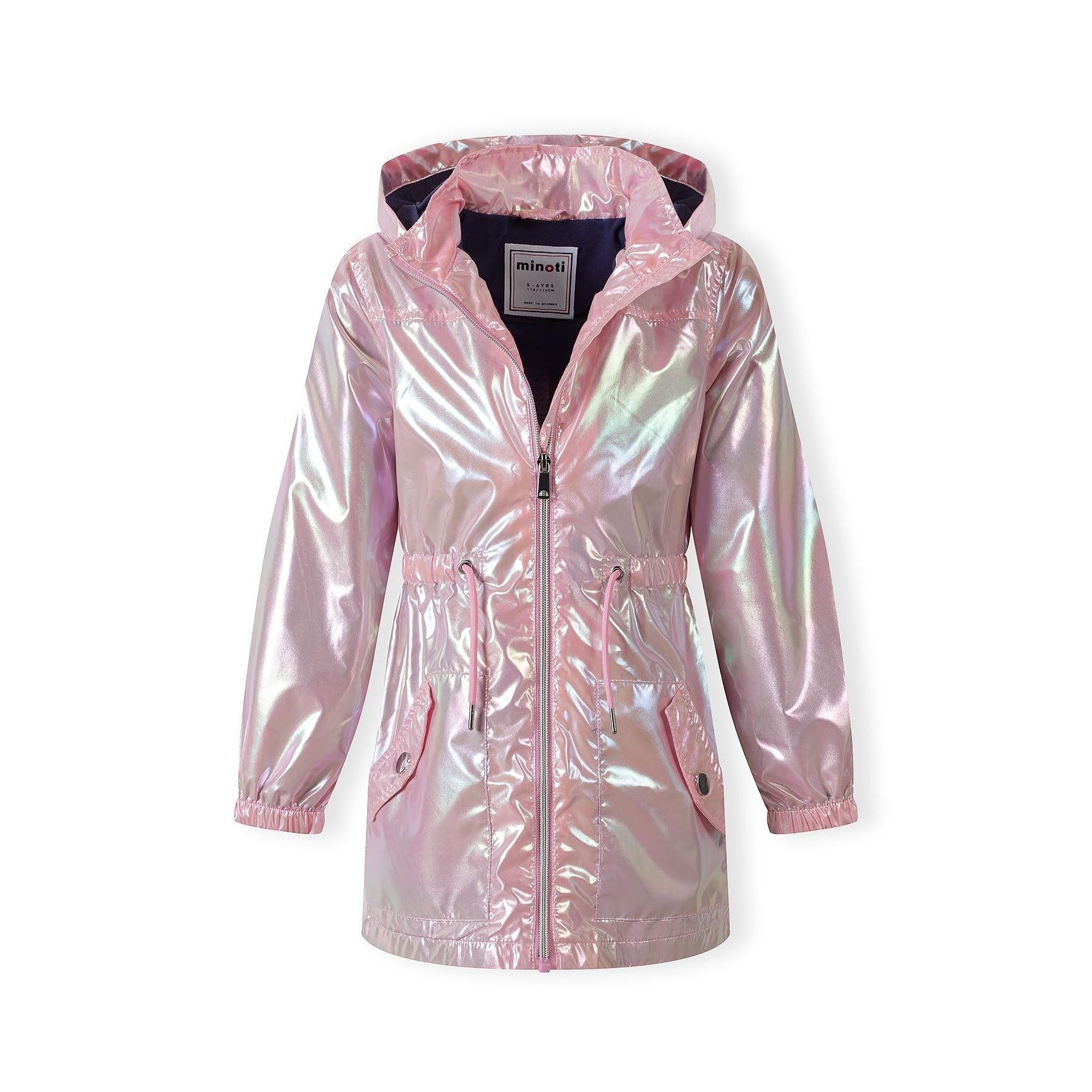 Close-up detail shot of the pink iridescent jacket showing flap pocket with black snap button and drawstring waist tie
