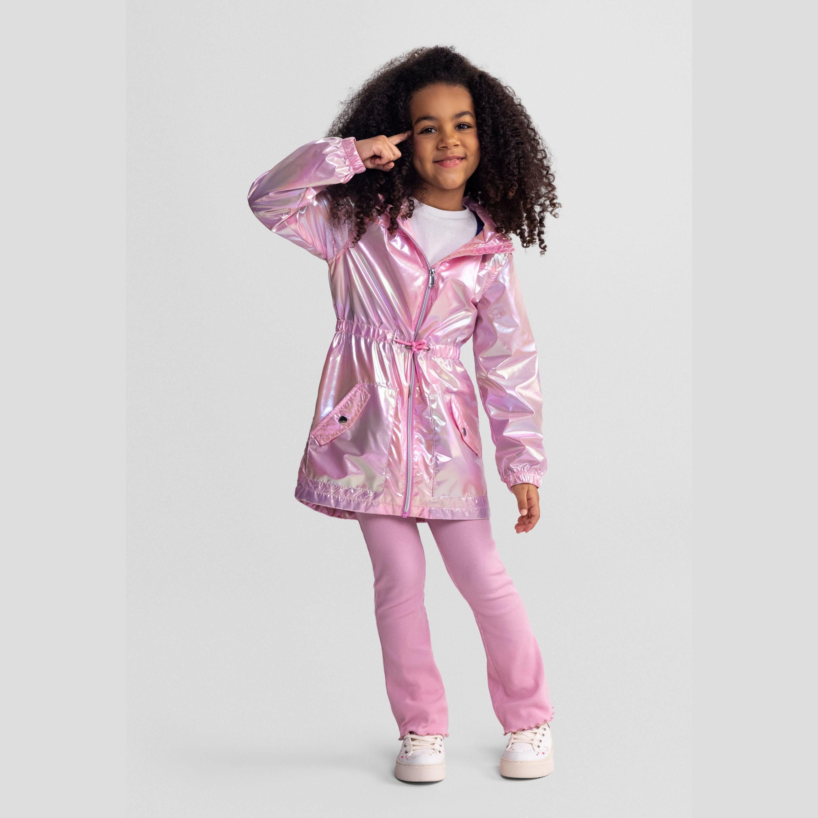 Close-up detail shot of the pink iridescent jacket showing flap pocket with black snap button and drawstring waist tie