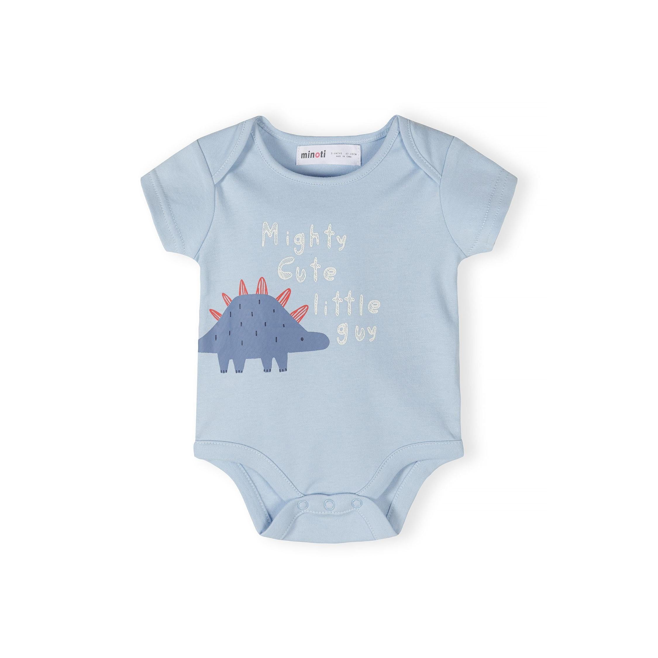 Close-up detail of cream bodysuit showing blue dinosaur with red spikes, speech bubbles saying 'AWESOME' and 'COOL', and Minoti size label