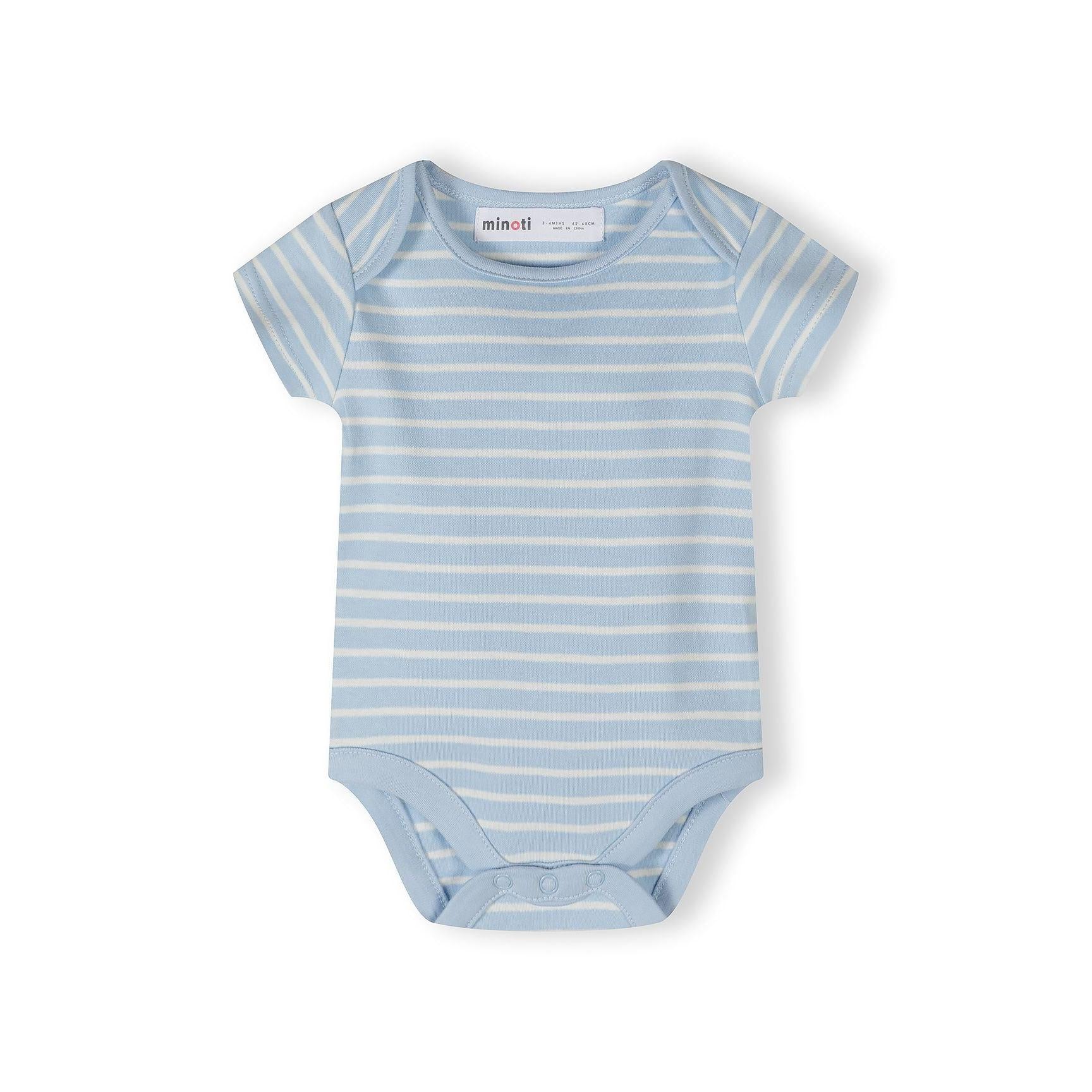 Close-up detail of cream bodysuit showing dinosaur characters with 'Hi', 'Awesome' and 'Cool' text, blue and red colour accents