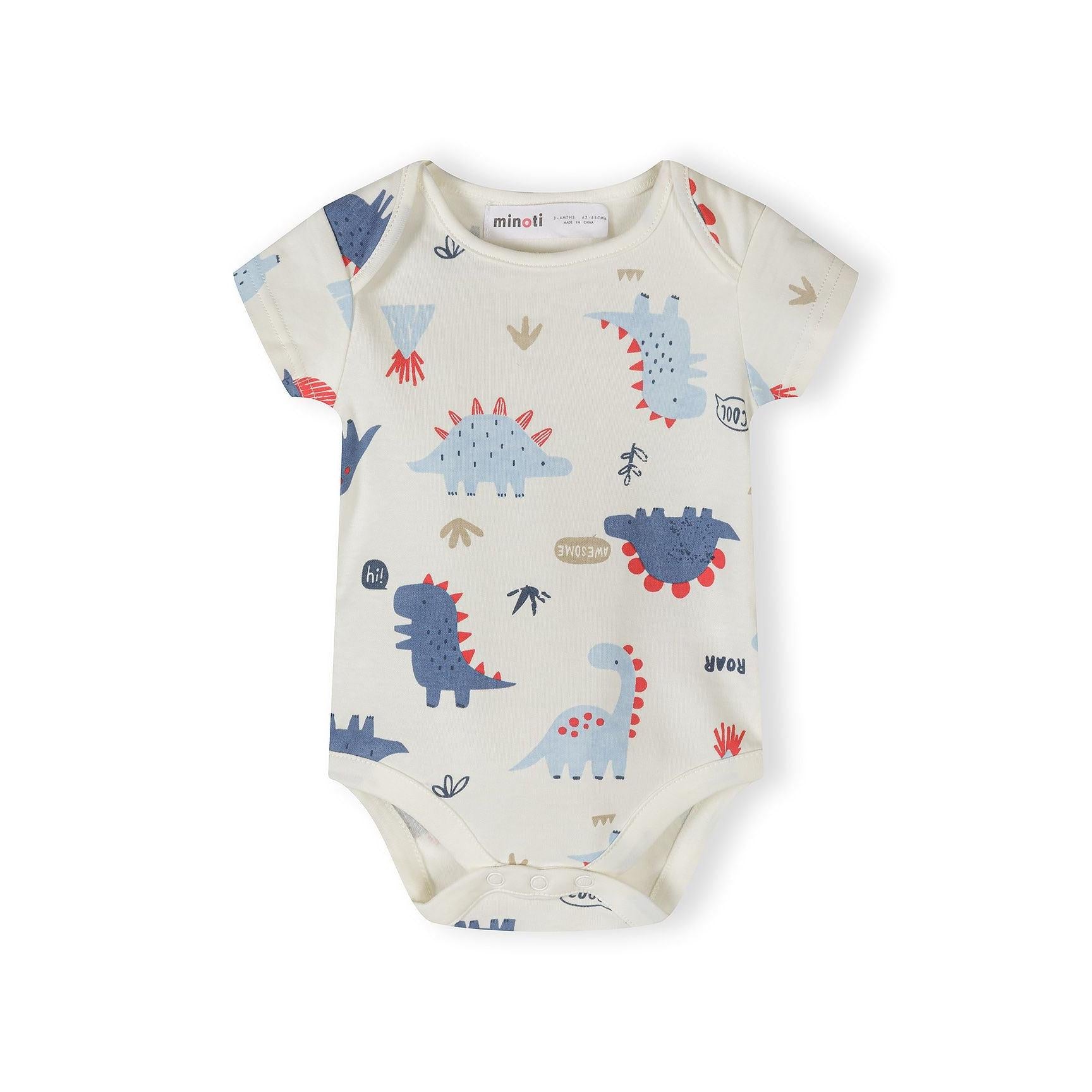 Single cream coloured bodysuit with colourful dinosaur print featuring blue dinosaurs with red spikes and playful text on white background
