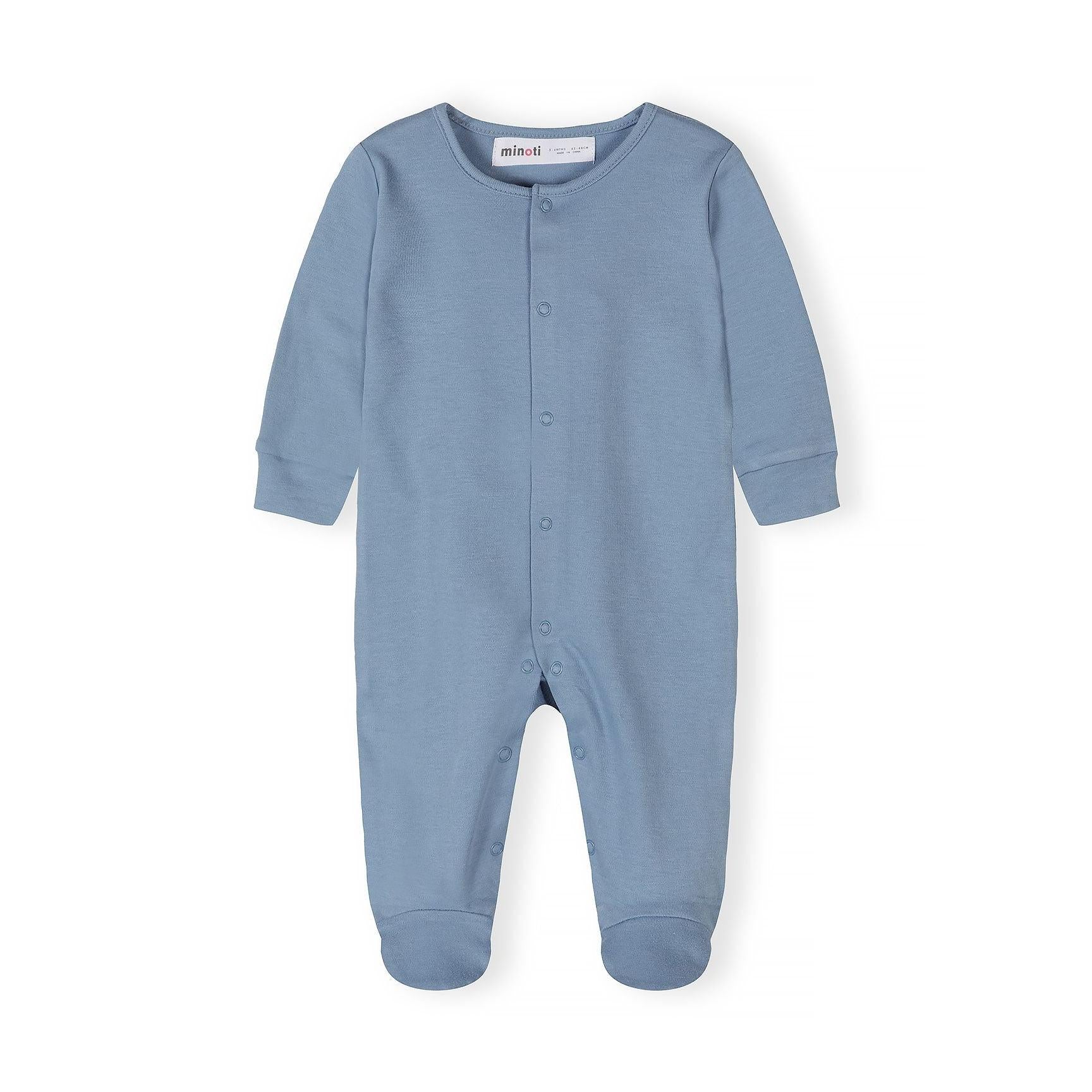 Single light blue cotton sleepsuit with snap button front closure and fold-over cuffs displayed flat against white background