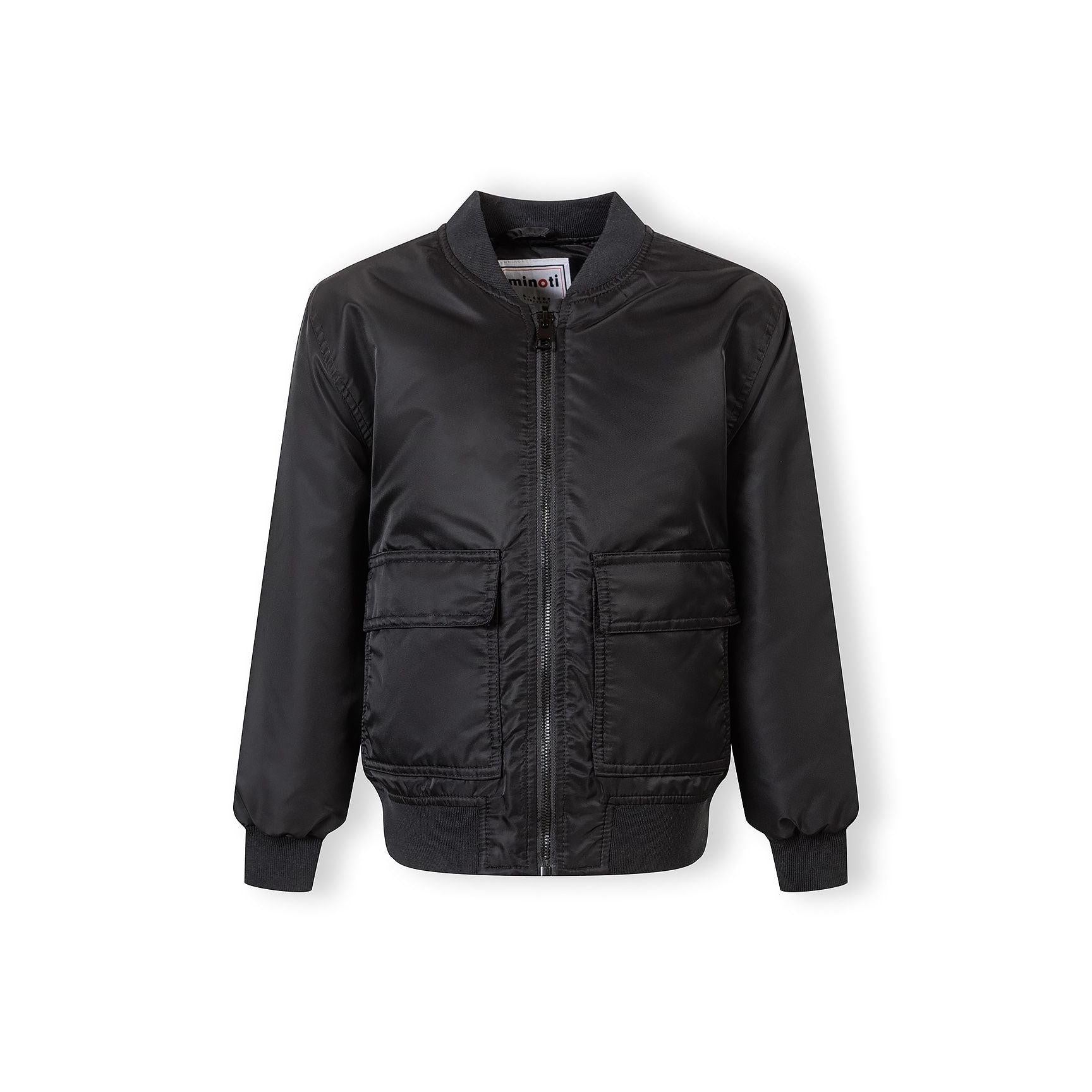 Back view of black bomber jacket showing ribbed collar, cuffs and hem on white background