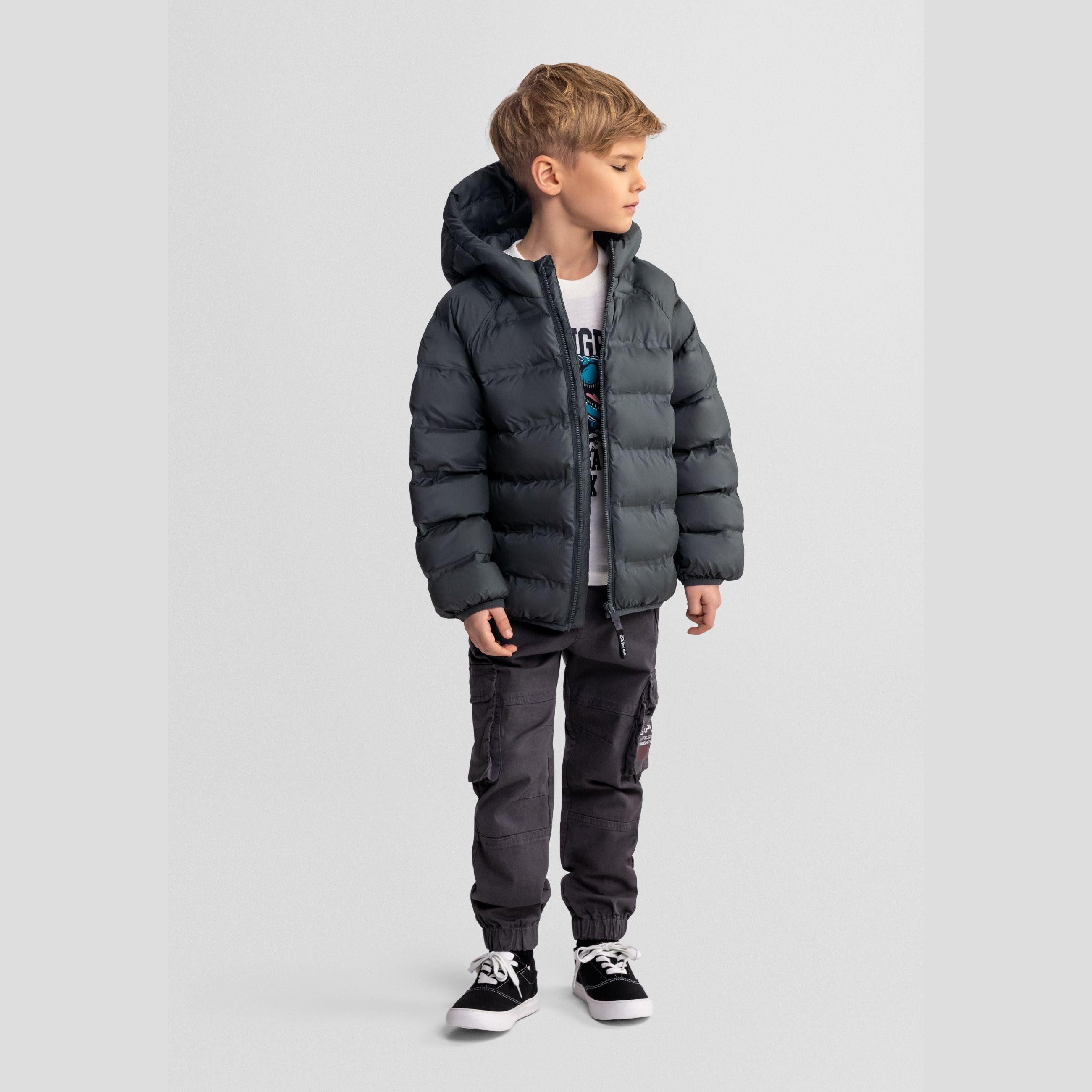 Emerald green padded jacket with hood laid flat showing quilted construction and full zip front closure