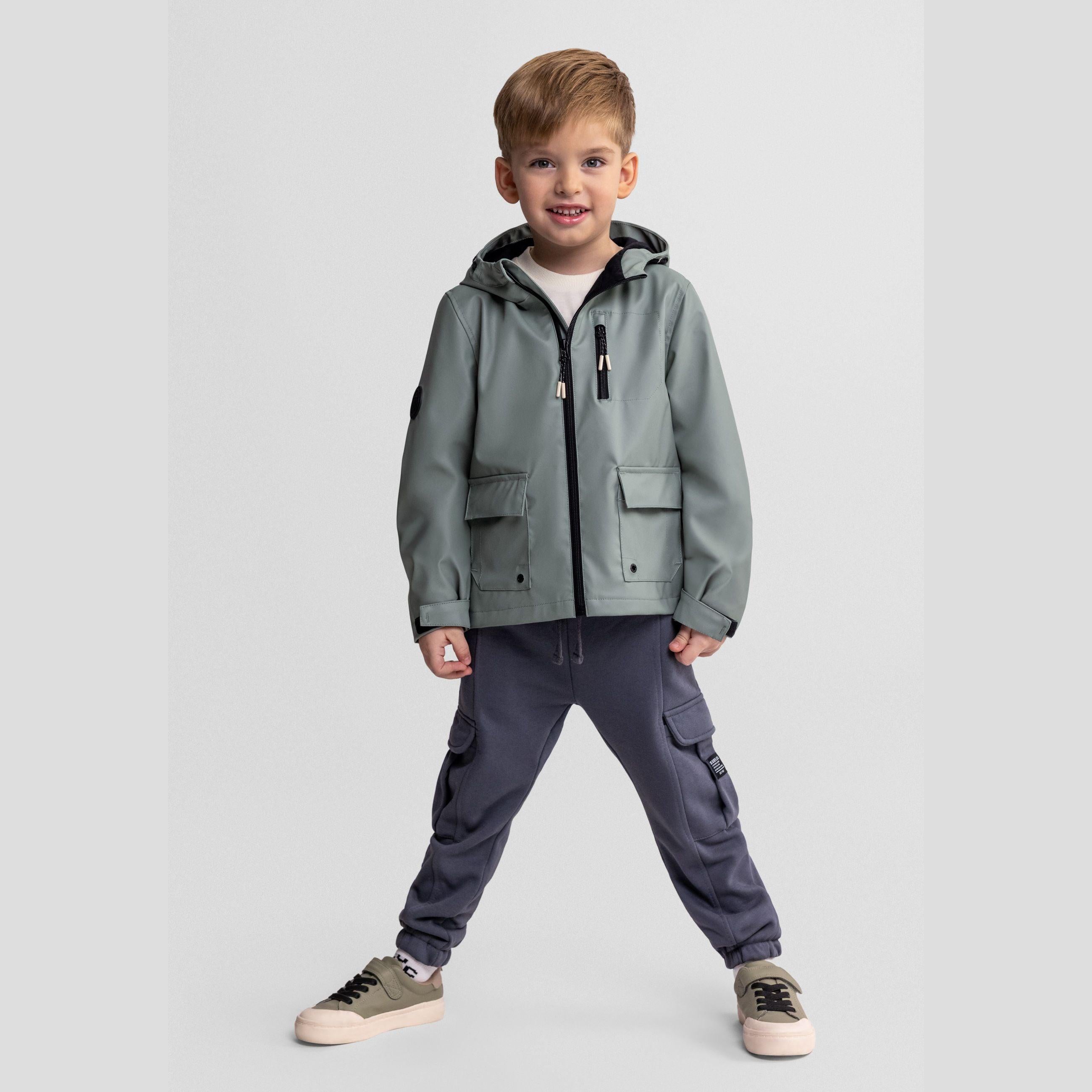 Sage green hooded parka jacket laid flat showing front zip, chest pocket, and adjustable hood details on white background