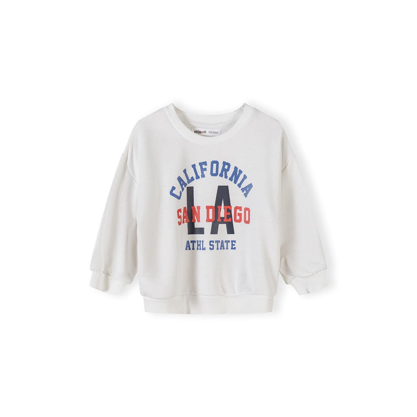 Close-up of navy sweatshirt showing skateboard dinosaur graphic with text 'SKATE 97 N.Y.C ASAURUS' on front