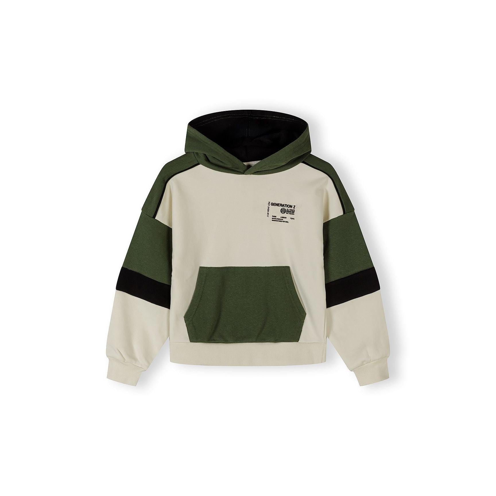 Close-up detail of Generation Z print on cream panel of hooded sweatshirt showing black text and logo design