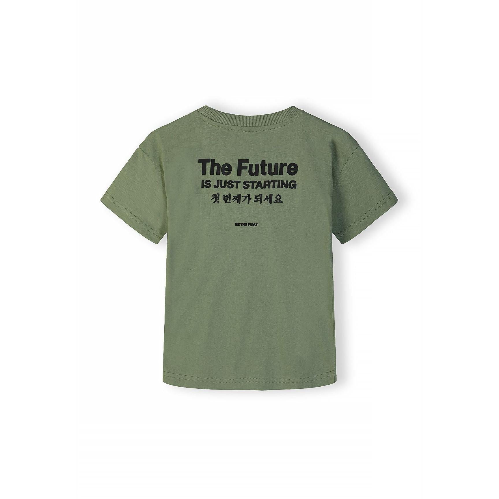 Close-up detail of olive green t-shirt fabric showing 'The Future Is Just Starting' print with Korean text underneath and Minoti label at neckline