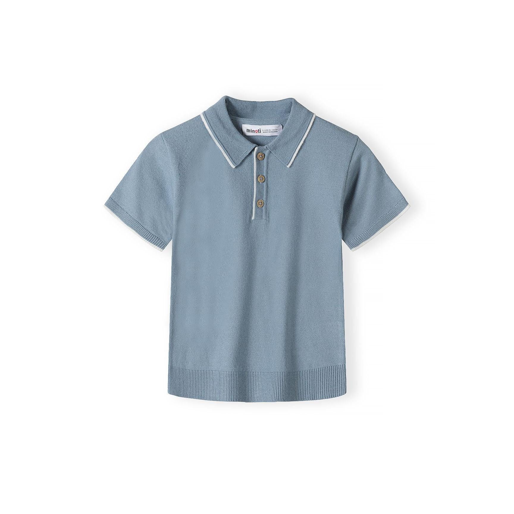 Close-up detail of light blue knitted polo shirt showing Minoti label, three wooden buttons on placket and white collar trim
