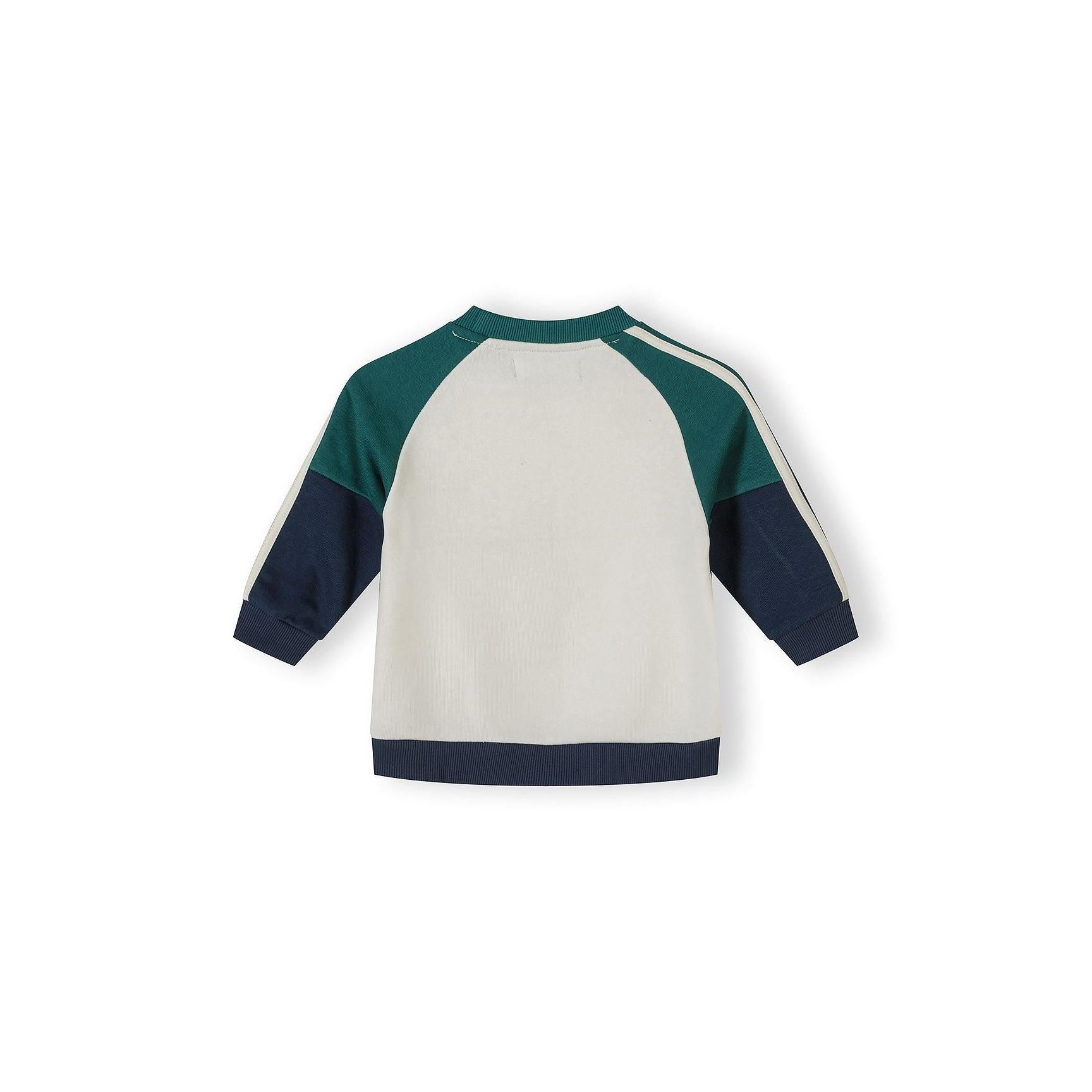 Back view of tracksuit sweatshirt laid flat showing green raglan sleeves and navy body with white stripe detailing on neutral background