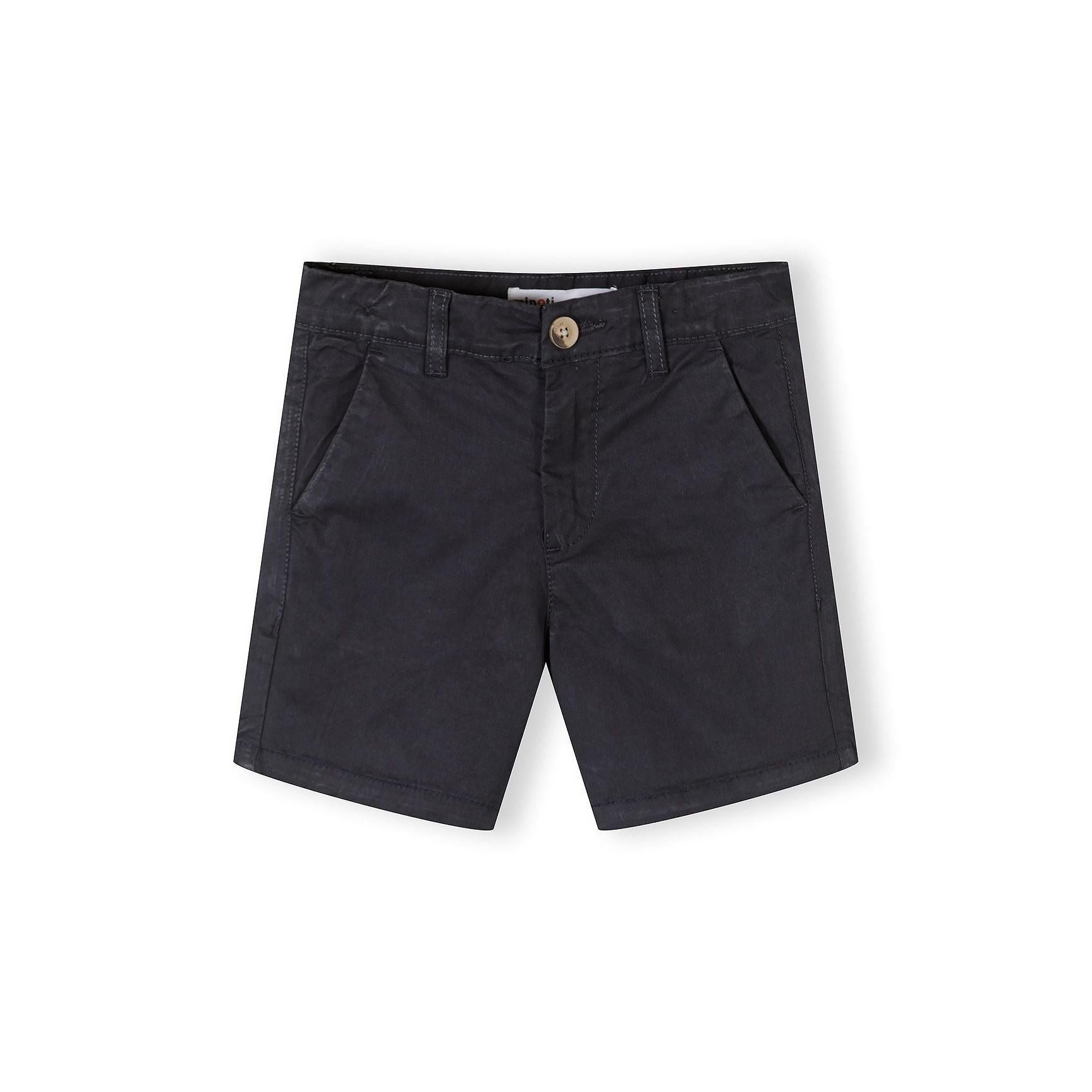 Single navy blue chino shorts laid flat on white background showing front view with button waistband, belt loops and side pockets