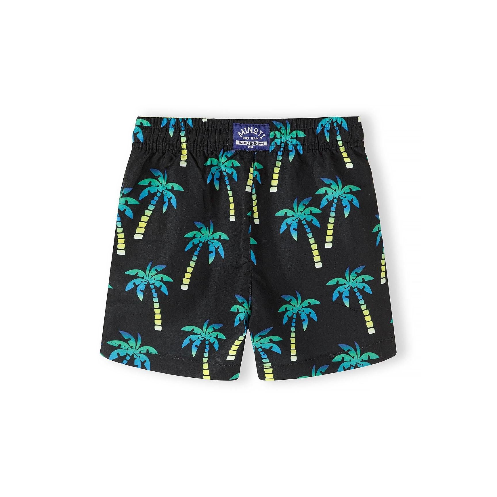 Close-up detail of black fabric with colorful palm tree print showing teal, blue and yellow tropical design elements