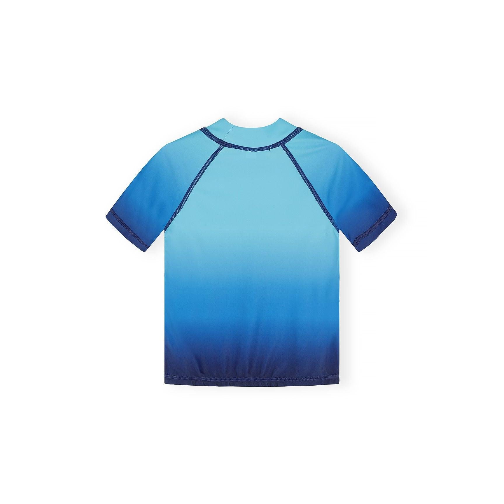 White rash top with blue contrast stitching, raglan sleeve construction and small Minoti logo on chest, displayed flat on white background