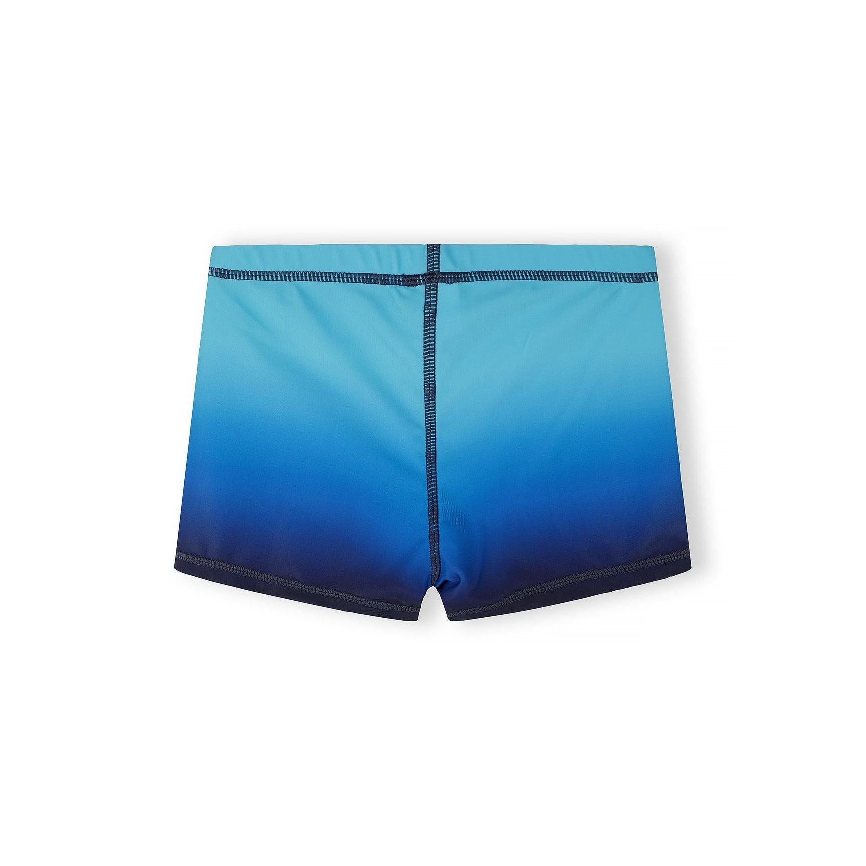 Single turquoise swim shorts laid flat showing elastic waistband and embroidered logo detail on white background