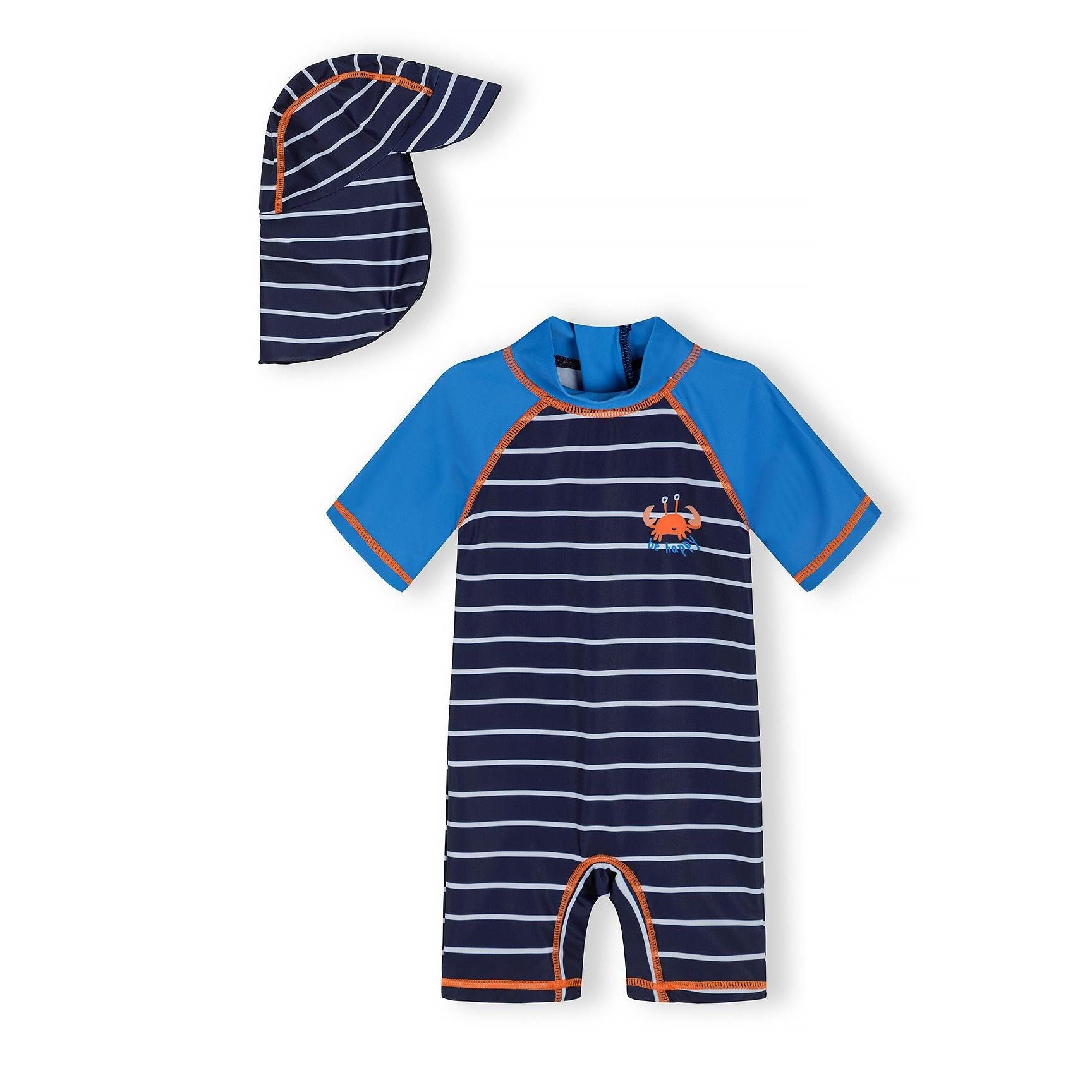 Navy striped rashguard swimsuit with blue sleeves and matching cap displayed on white background, showing orange crab graphic detail