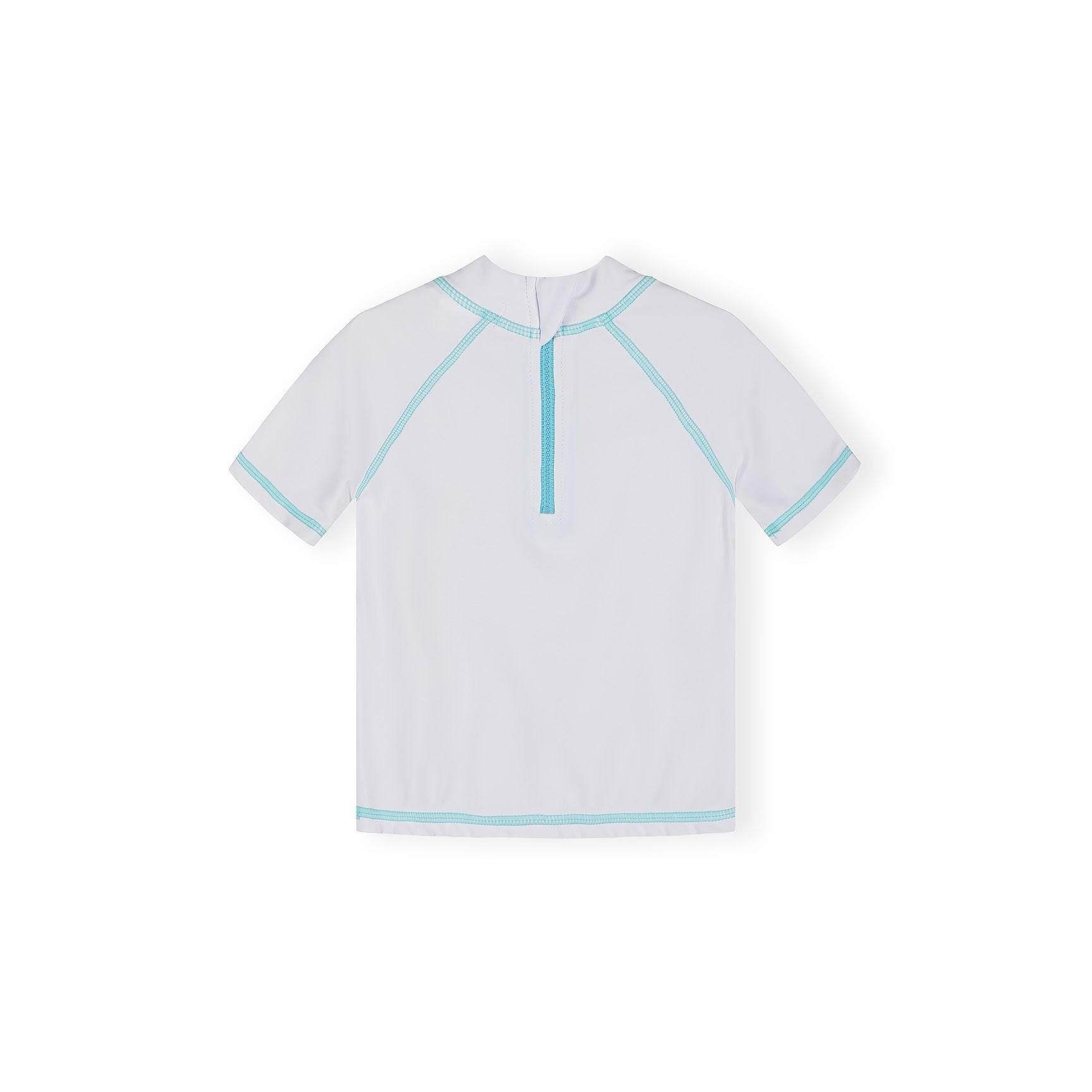 Close-up of lime green swim shorts with tropical hibiscus flowers and palm leaf print, featuring aqua waistband with white drawstring ties