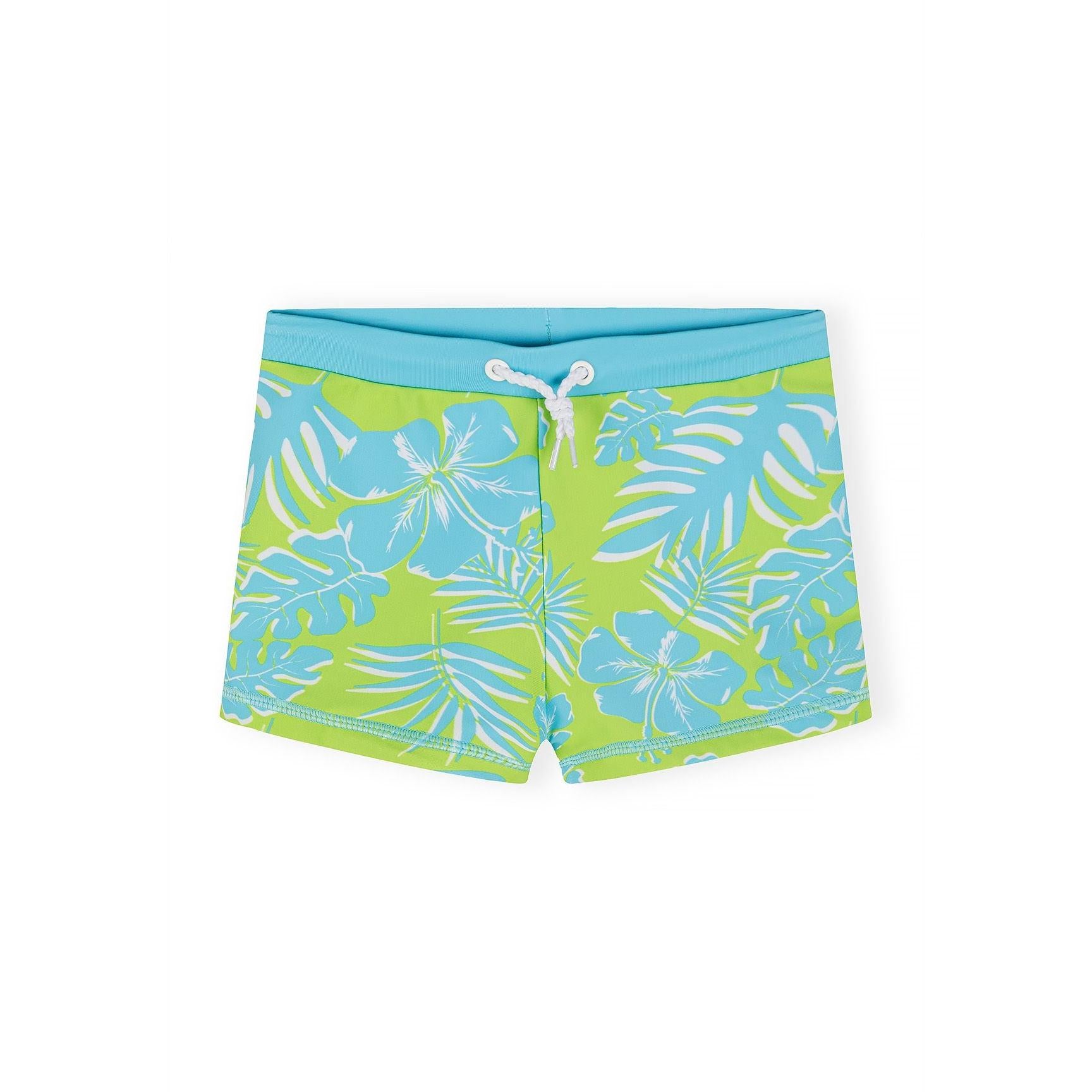 Close-up of lime green swim shorts with tropical hibiscus flowers and palm leaf print, featuring aqua waistband with white drawstring ties