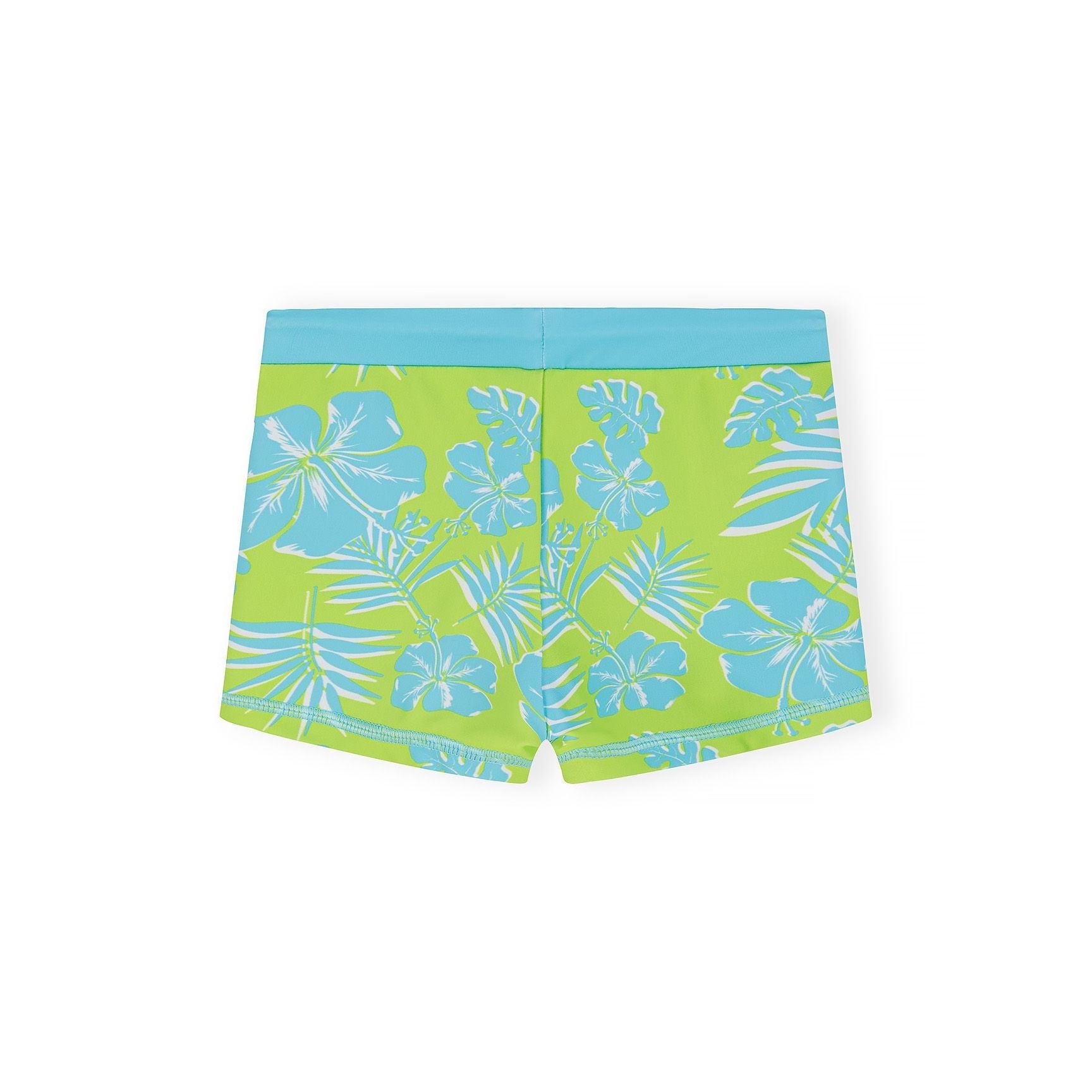 Detail view of white rash vest showing aqua contrast stitching around neckline and sleeves, with tropical palm tree graphic and 'Beach Life Cali' text