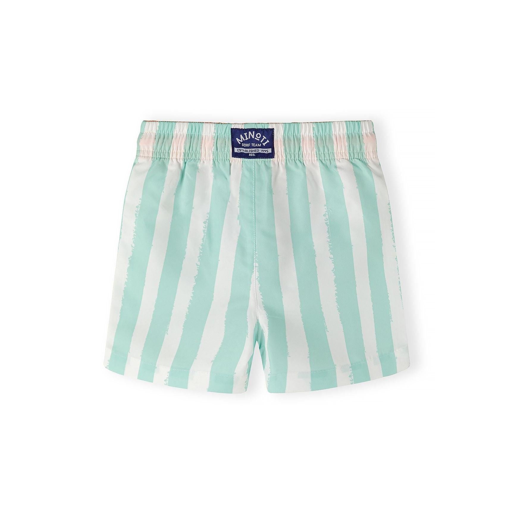 Detail shot of mint striped swim shorts fabric showing vertical mint green and white stripes with orange drawstring cord against the striped pattern