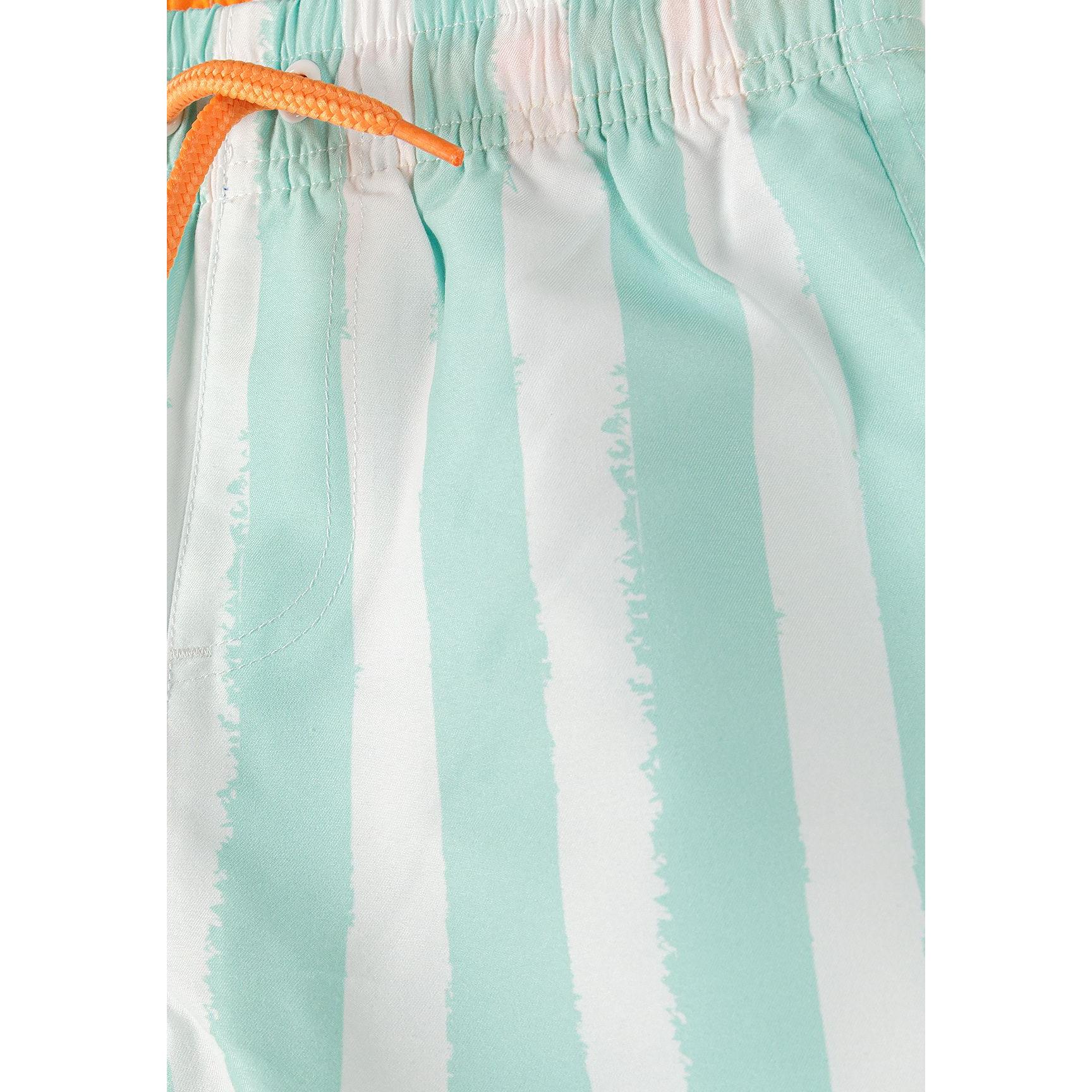 Detail shot of mint striped swim shorts fabric showing vertical mint green and white stripes with orange drawstring cord against the striped pattern