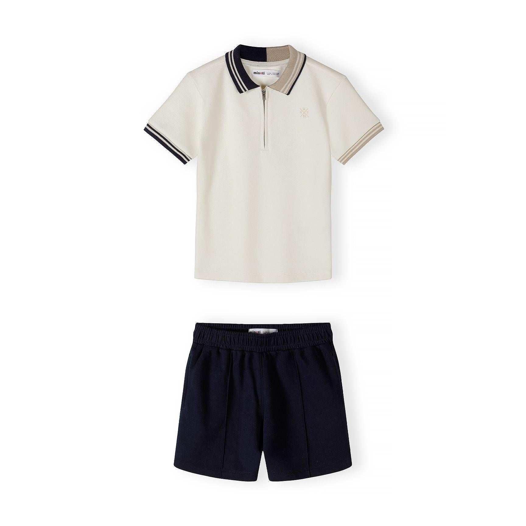 Back view of cream pique polo shirt showing navy and cream striped collar detail and contrast sleeve edges on white background