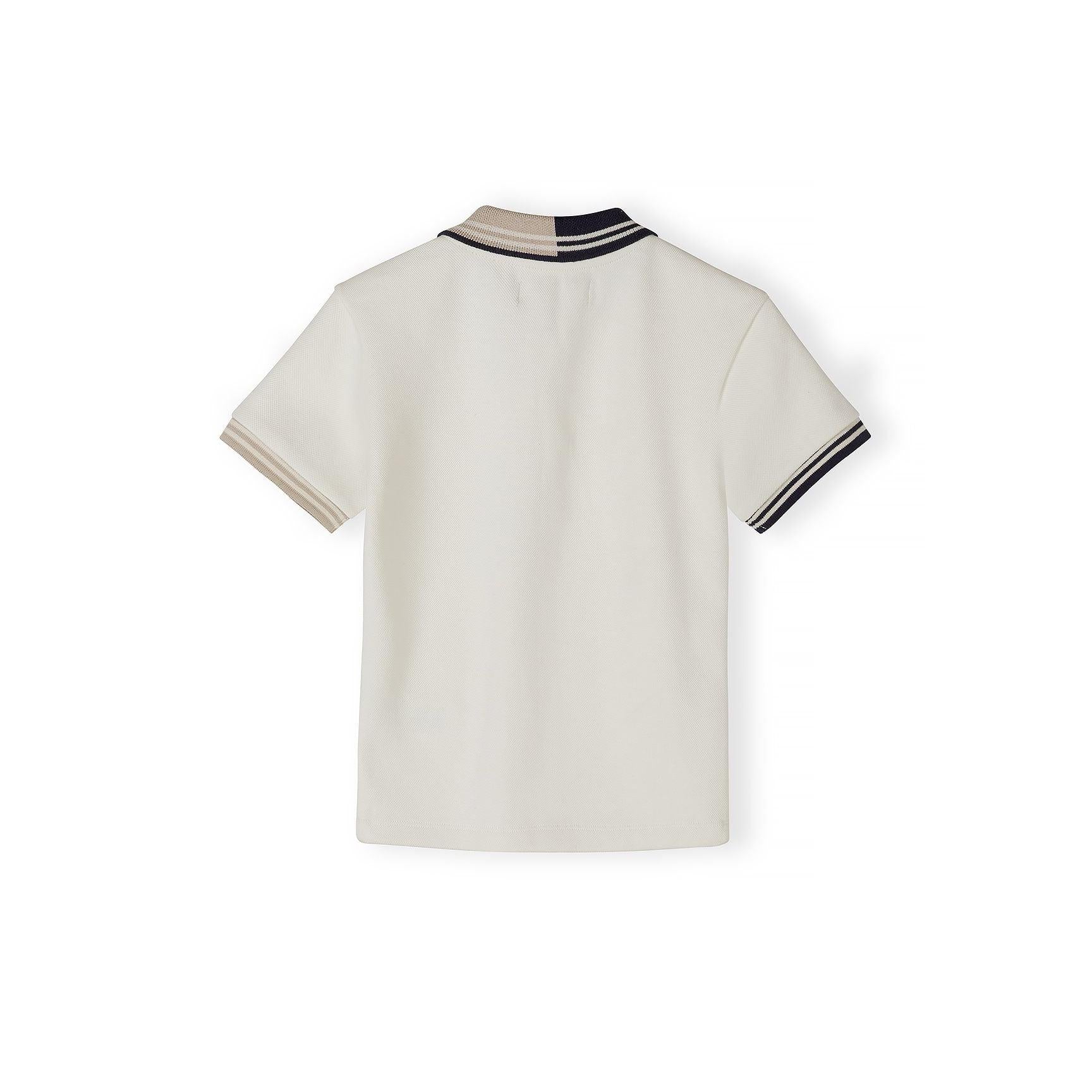 Back view of cream pique polo shirt showing navy and cream striped collar detail and contrast sleeve edges on white background