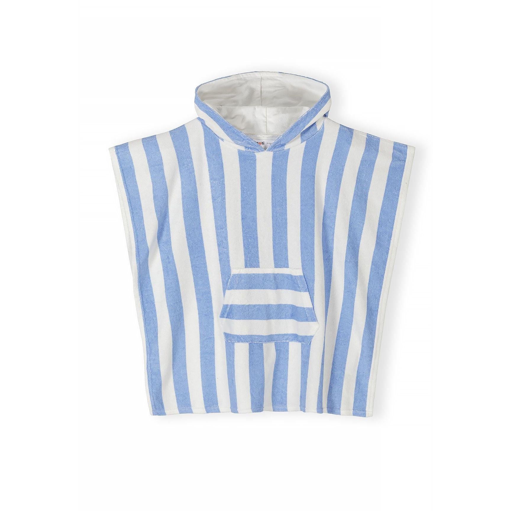 Flat lay view of blue and white striped hooded towelling cover-up showing poncho shape and hood detail