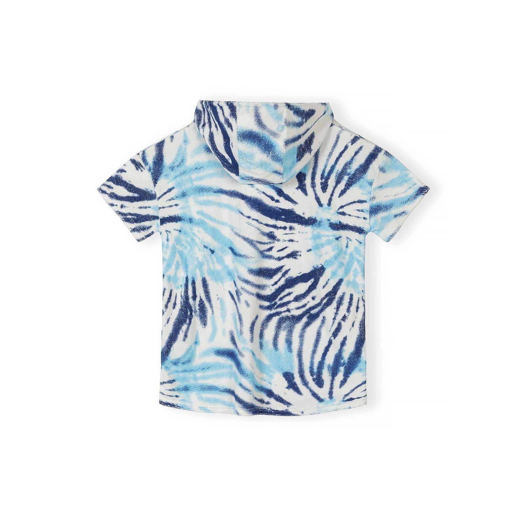 Back view of blue tie-dye hooded cover-up showing swirl pattern and short sleeves on white background