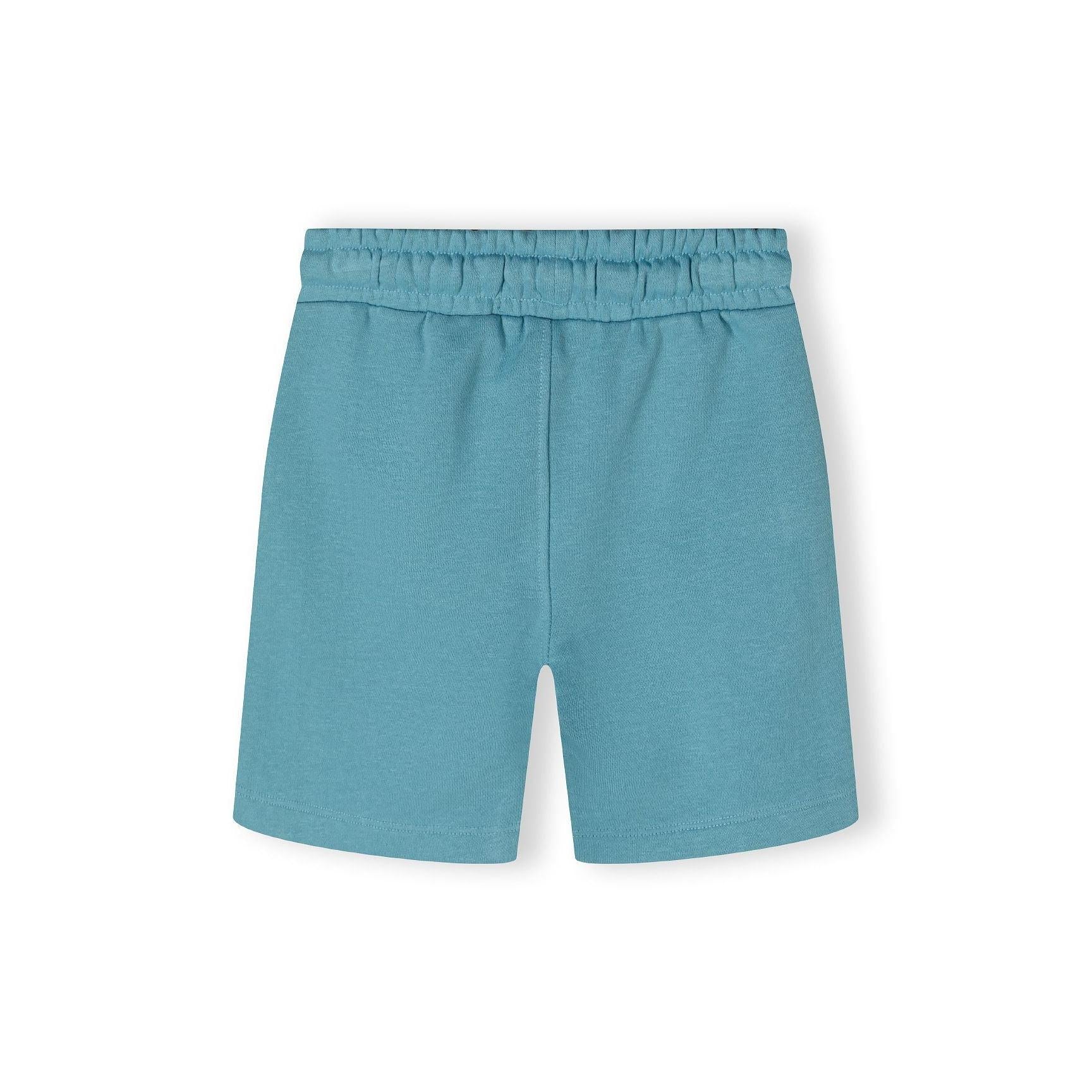 Teal sweatshirt fabric shorts with elasticated waistband laid flat on white background