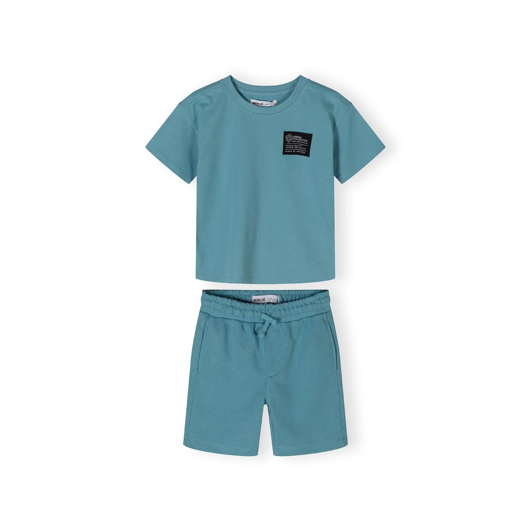 Back view of teal cotton t-shirt laid flat showing plain design and short sleeves