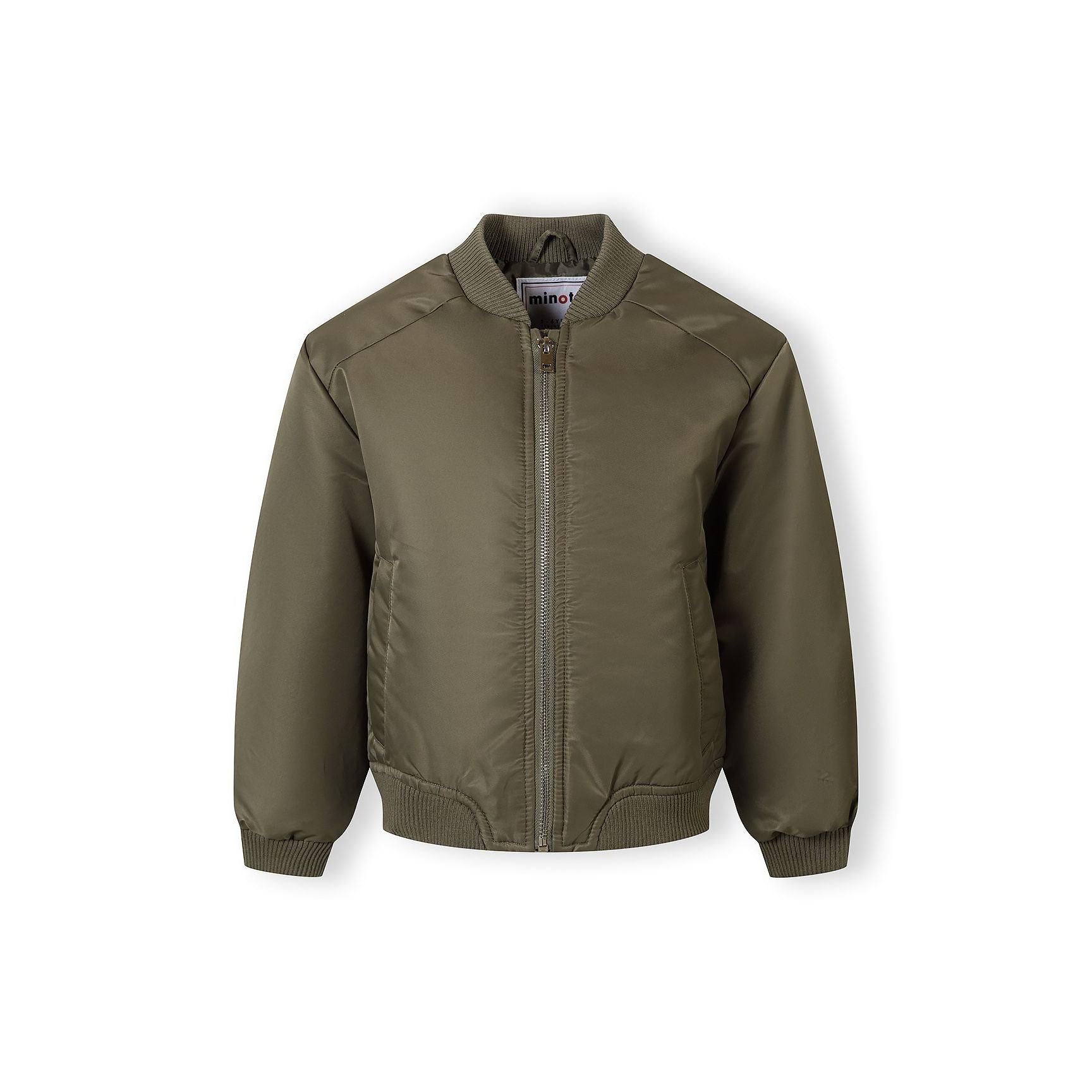 Flat lay of khaki bomber jacket showing ribbed collar, zip front closure and overall construction on white background