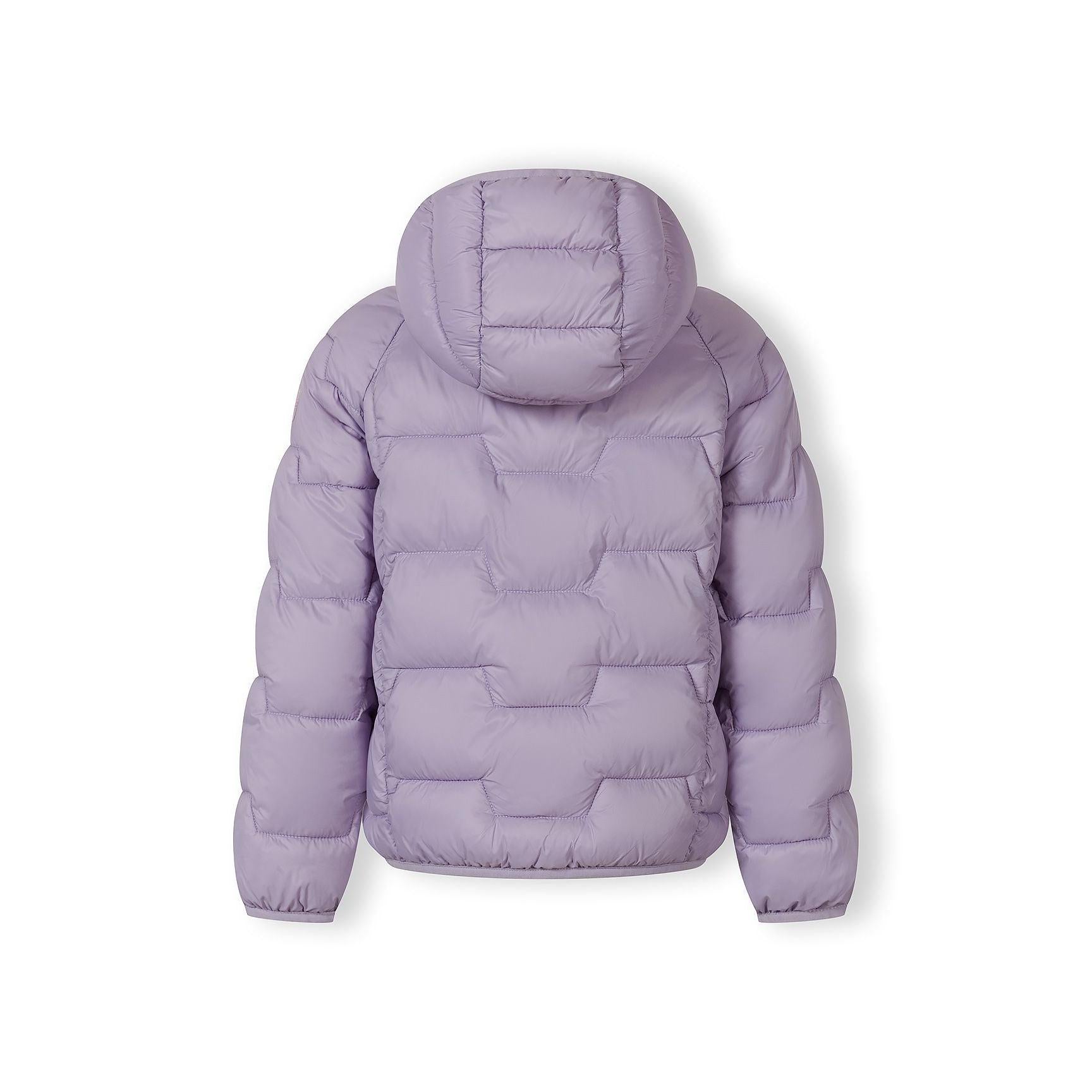 Close-up detail of purple puffer jacket showing quilted panels and stitching construction on white background