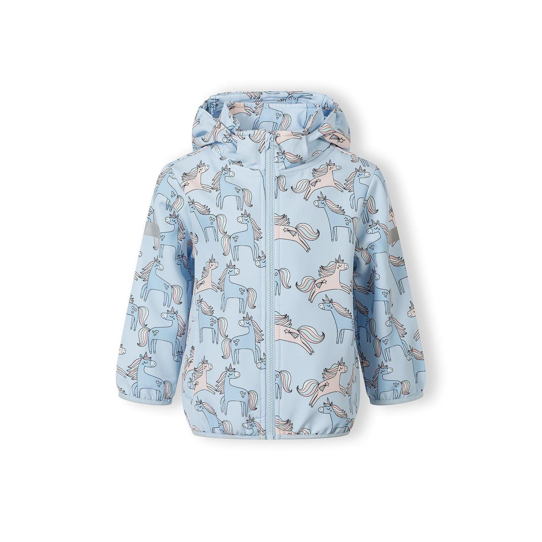 Light blue softshell jacket with unicorn print laid flat showing full-length zip, removable hood and Minoti brand label on white background