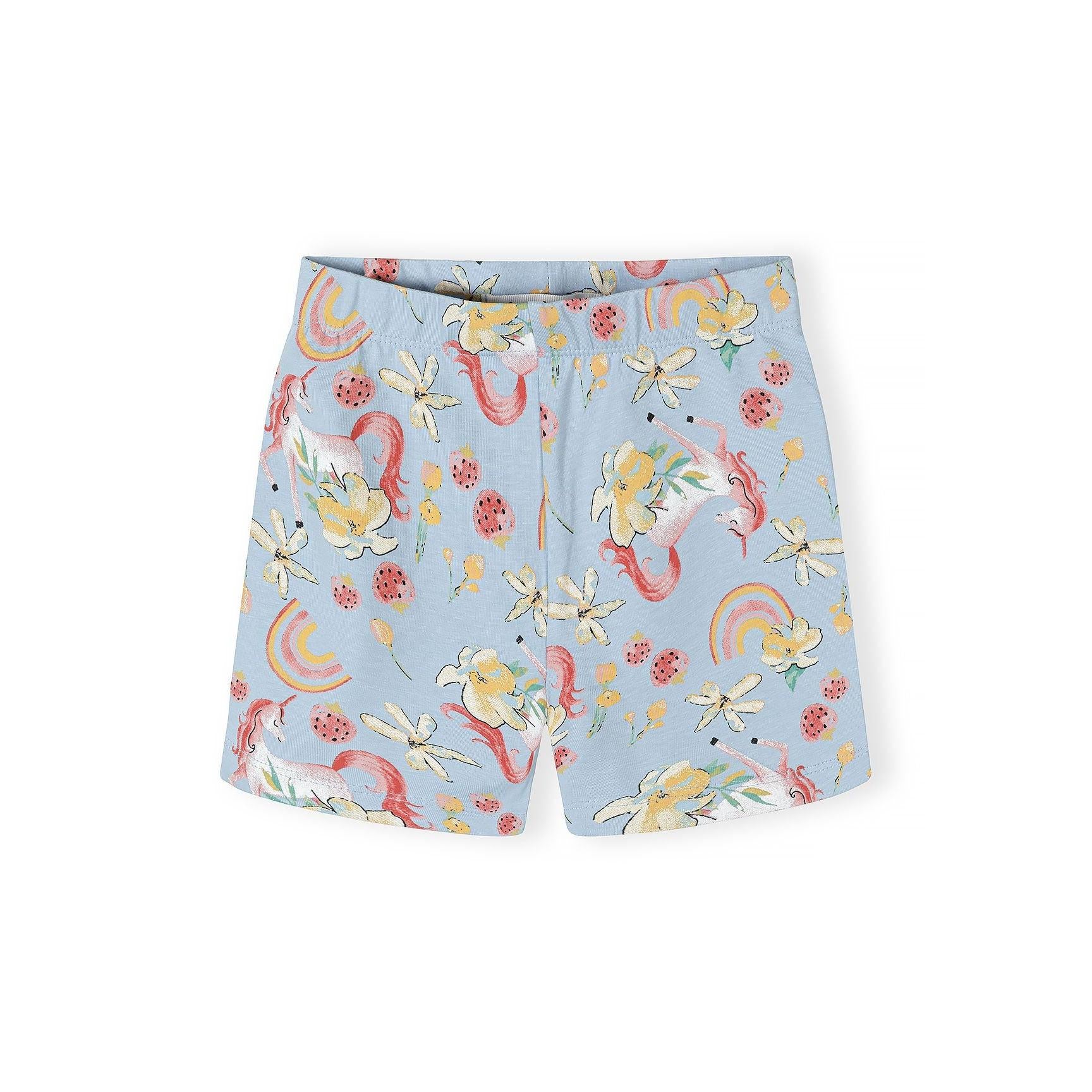 Close-up detail of light blue unicorn print fabric showing colourful unicorns, rainbows, flowers, and decorative elements on soft blue background