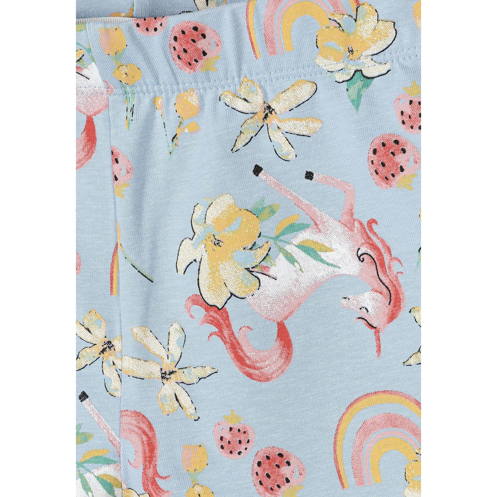 Close-up detail of light blue unicorn print fabric showing colourful unicorns, rainbows, flowers, and decorative elements on soft blue background