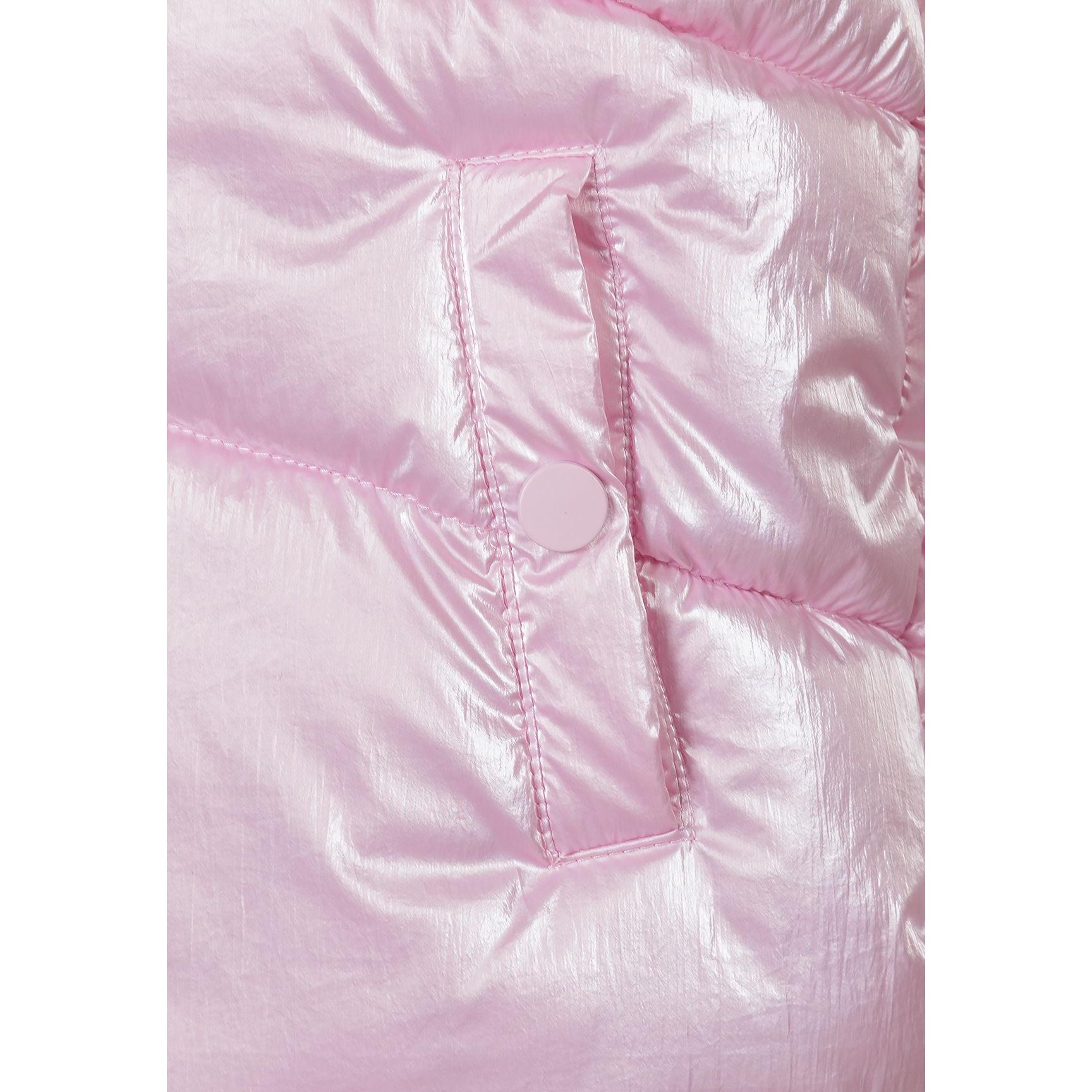 Close-up detail of metallic pink quilted fabric showing stitching pattern and side zip pocket