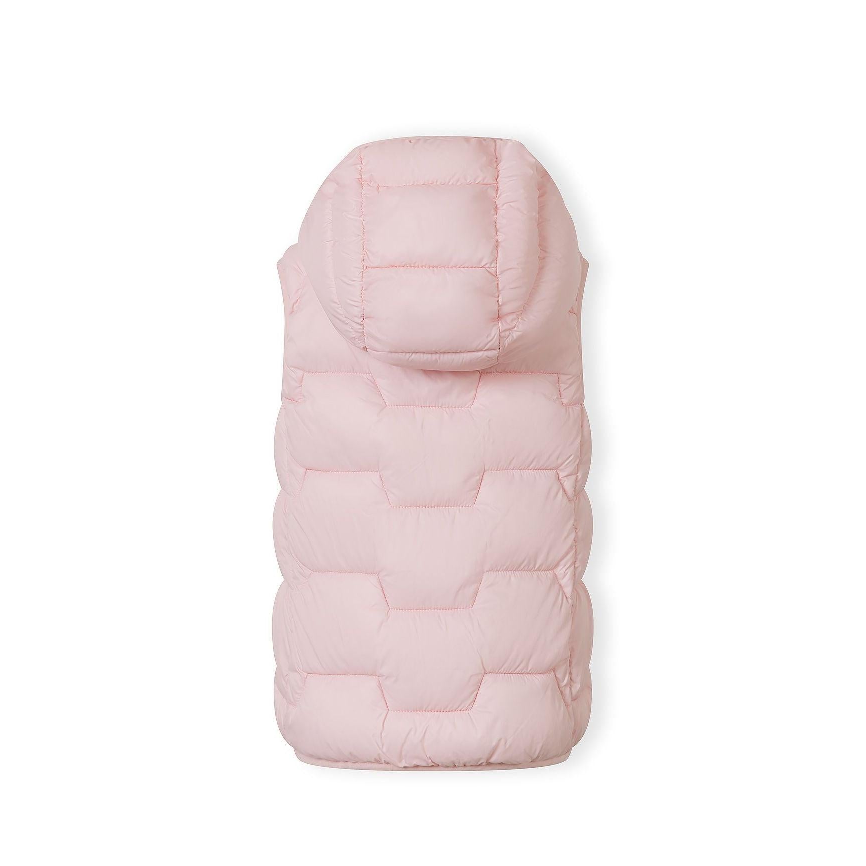 Pink quilted gilet laid flat showing front view with hood and quilted pattern on white background