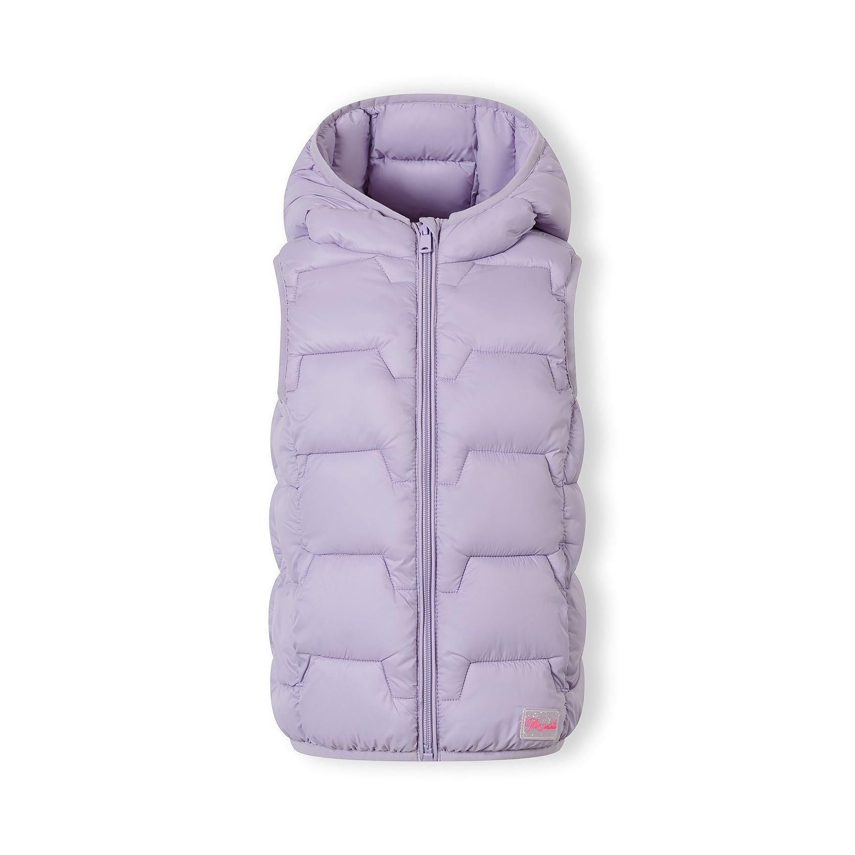 Flat lay of lilac padded gilet showing quilted construction, hood detail and Minoti branding label