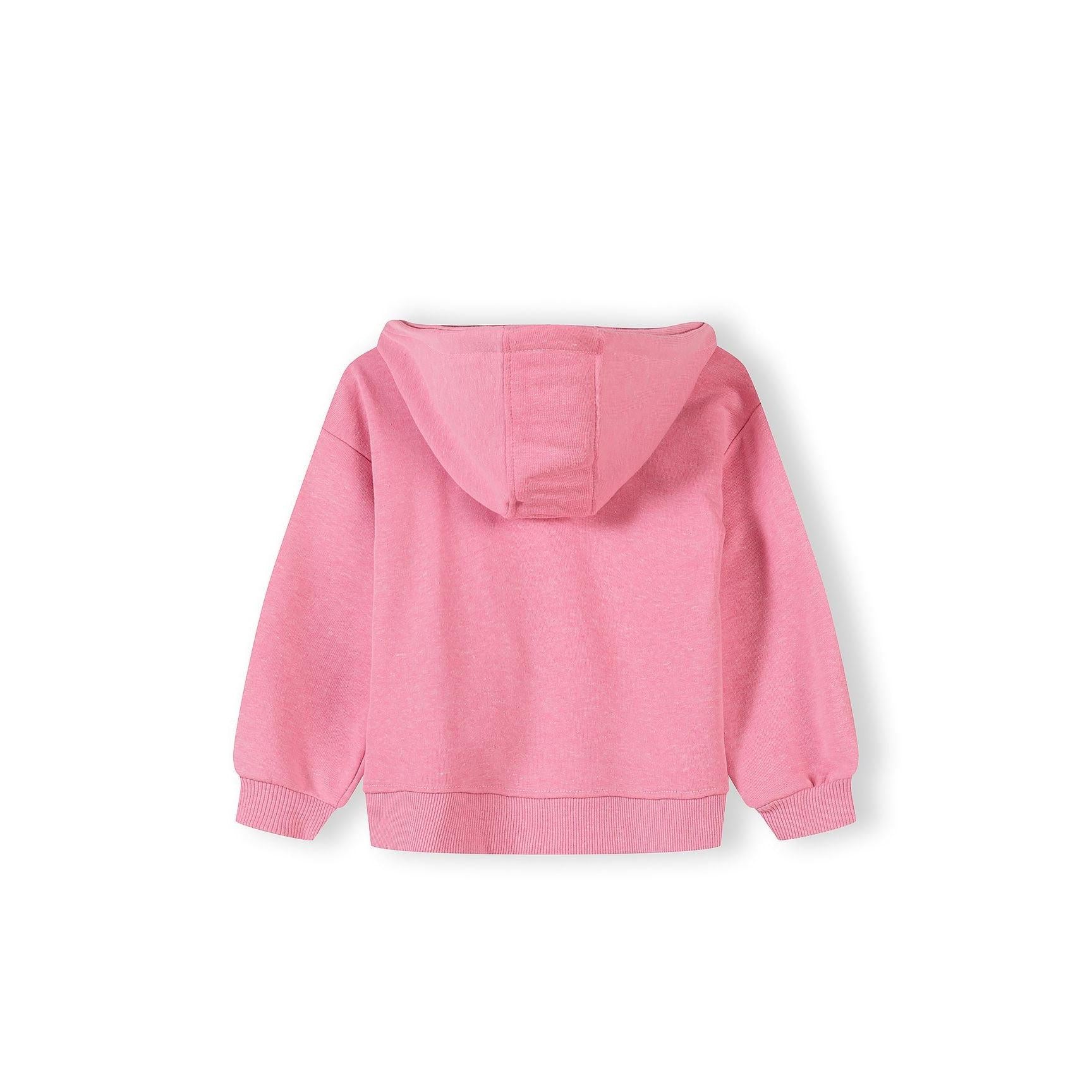 Close-up detail of pink hoodie showing Minoti label, zip closure and embroidered heart logo on chest area