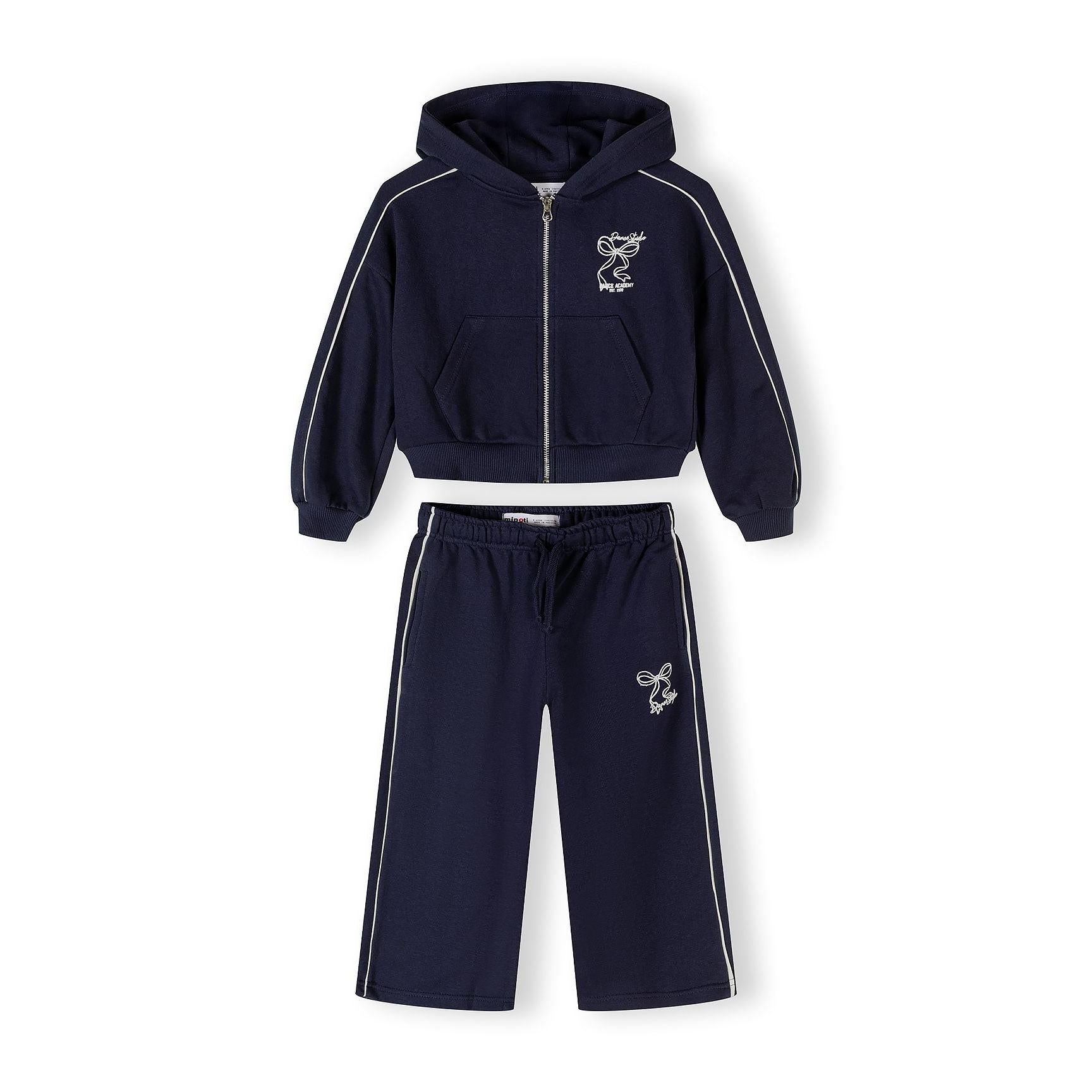 Back view of navy tracksuit jacket showing Dance Academy logo embroidery and contrasting piping details on sleeves