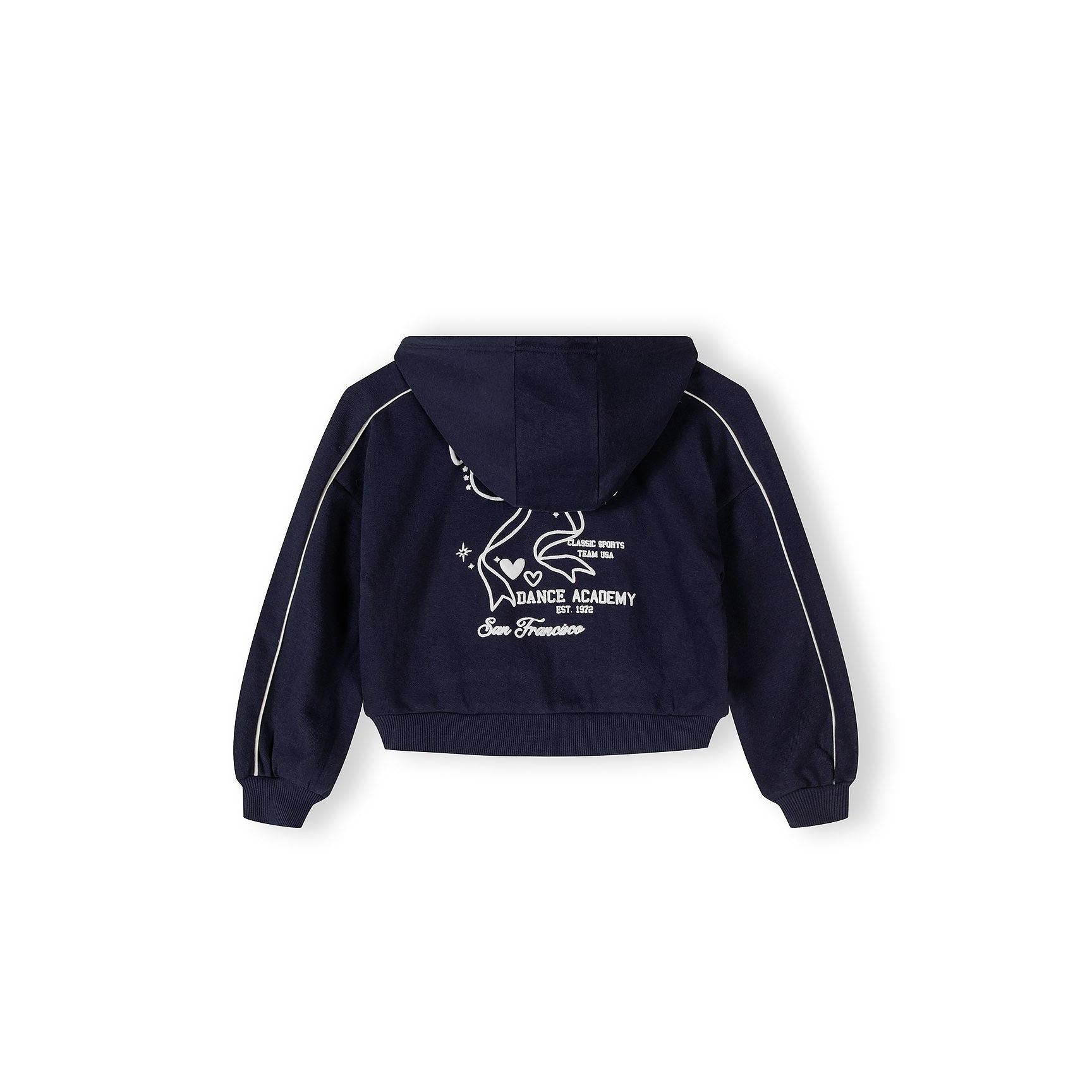 Back view of navy tracksuit jacket showing Dance Academy logo embroidery and contrasting piping details on sleeves
