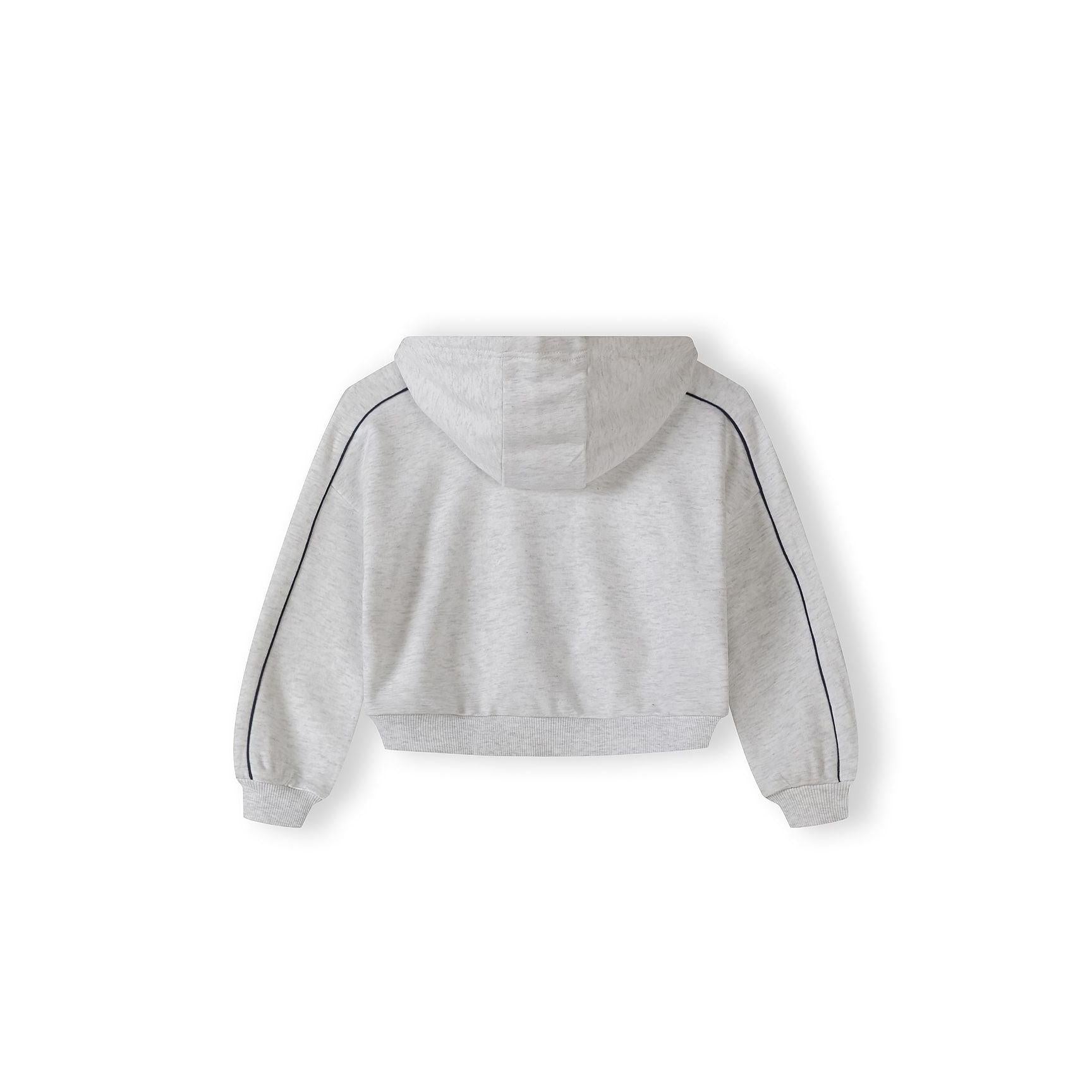 Back view of grey marl hooded zip-up jacket with black piping detail and hood laid flat on white background