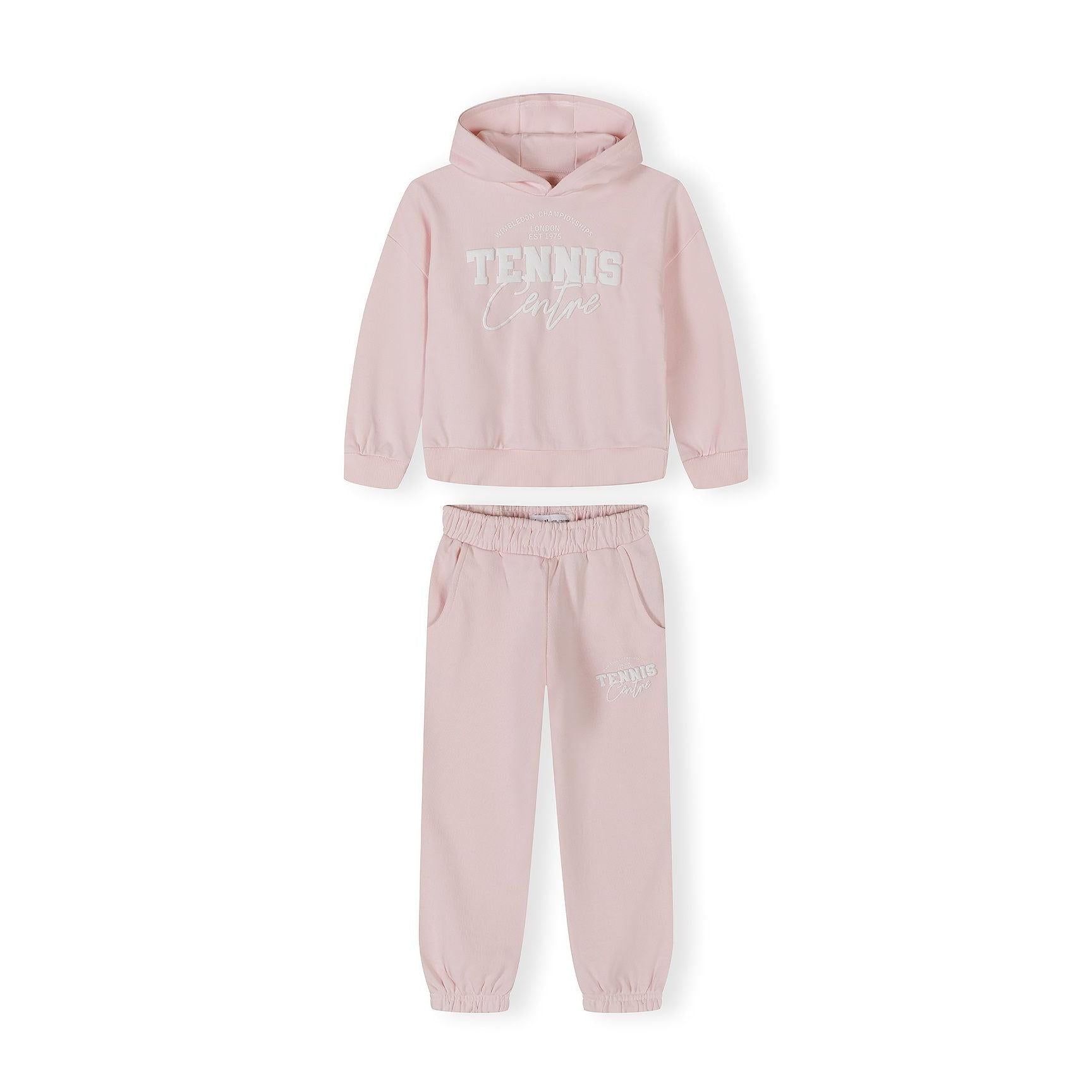 Close-up detail of light pink joggers showing elasticated waistband, side pocket and Tennis Camps print on leg