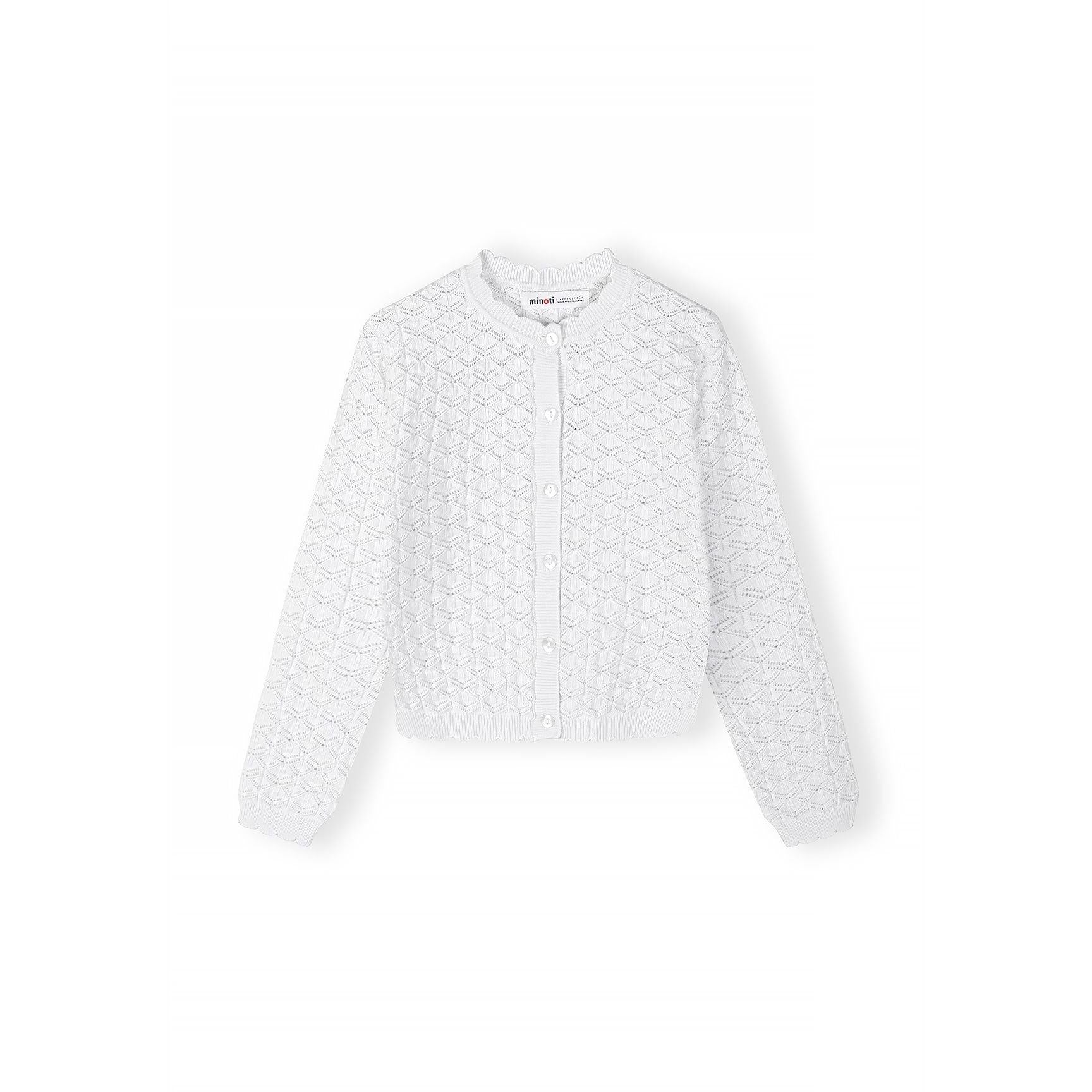 White knitted cardigan laid flat showing button closure and wavy textured pattern detail