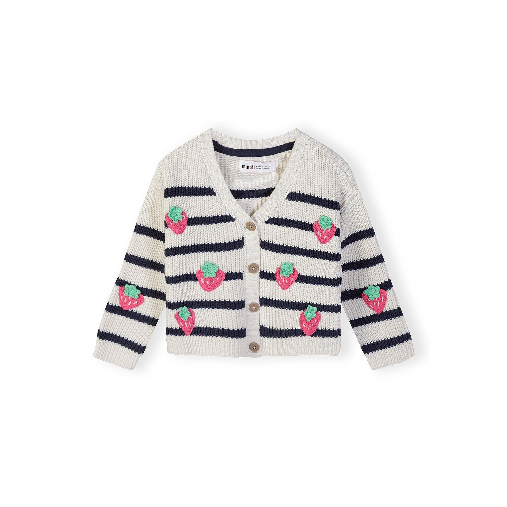 White and navy striped cotton cardigan with pink strawberry embroidery, wooden buttons, displayed flat on white background