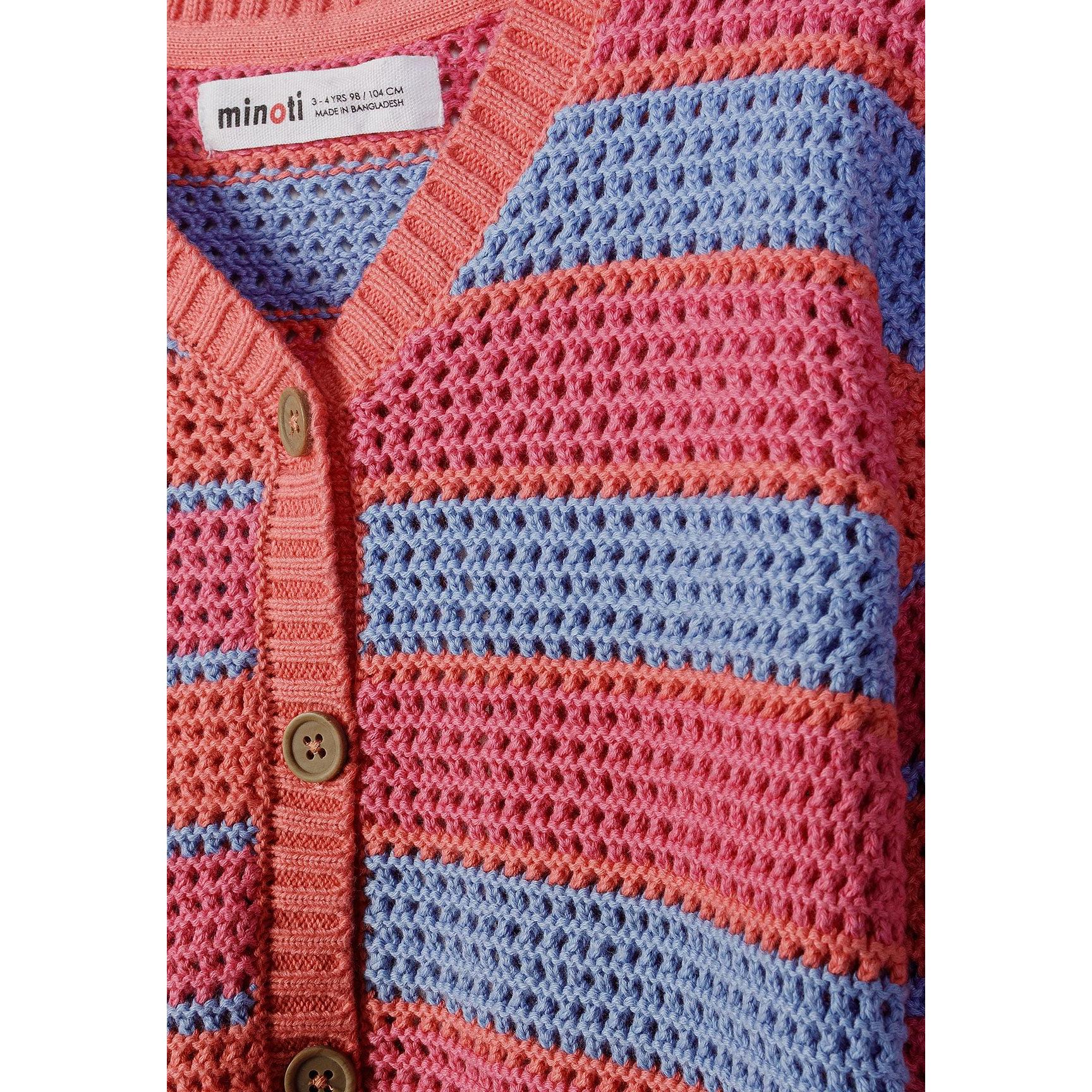 Close-up detail of coral and blue striped mesh knit fabric with Minoti label and wooden button