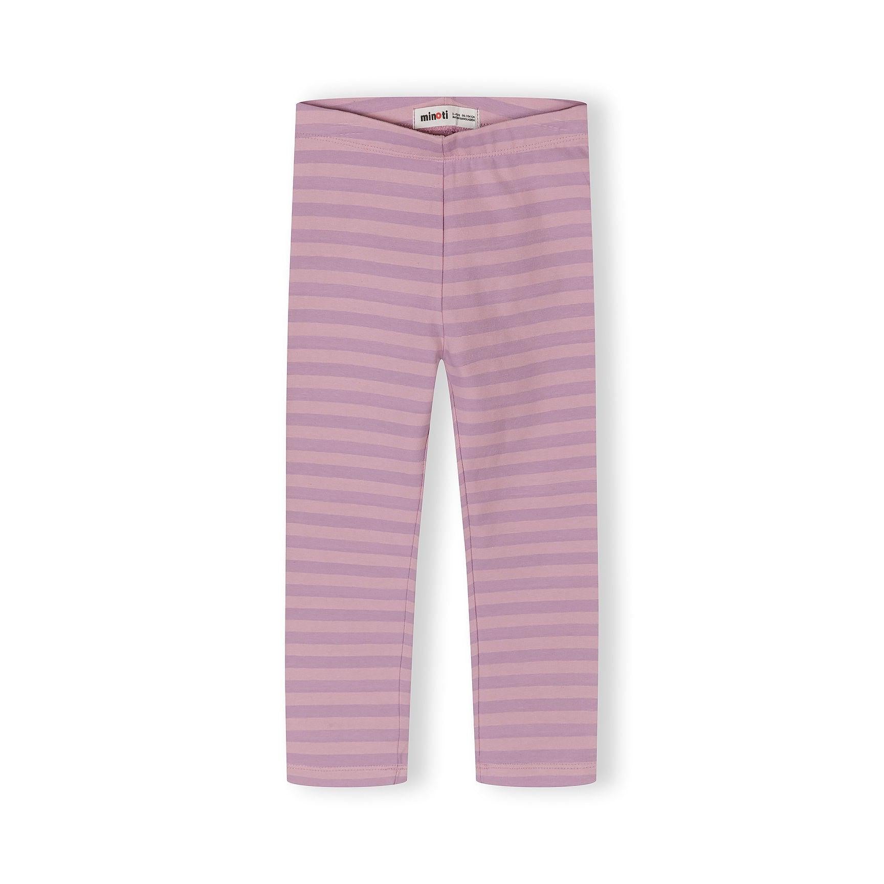 Single purple striped leggings laid flat against white background showing horizontal stripe pattern and elastic waistband