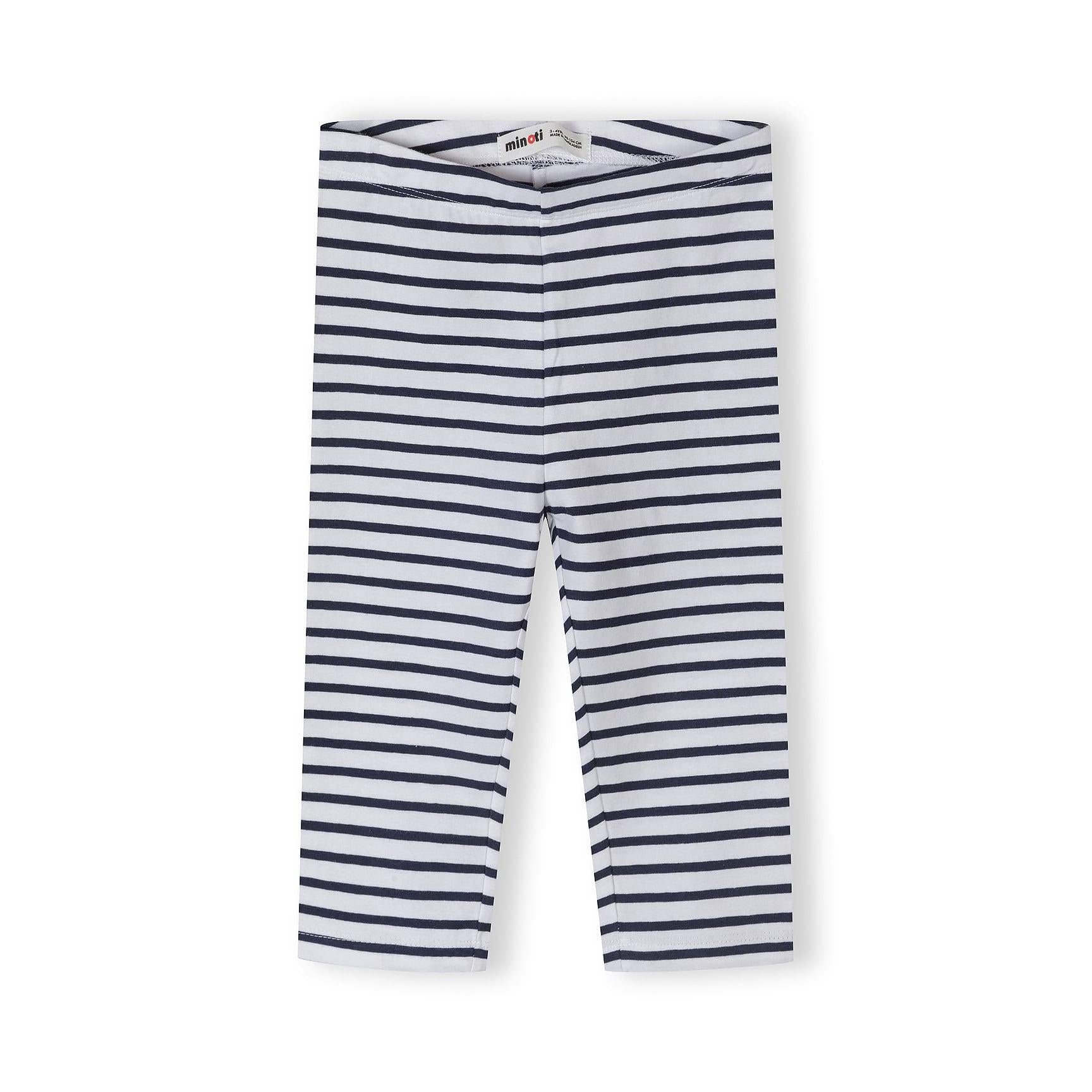 Single coral pink and red striped capri leggings laid flat on white background showing full length and Minoti label