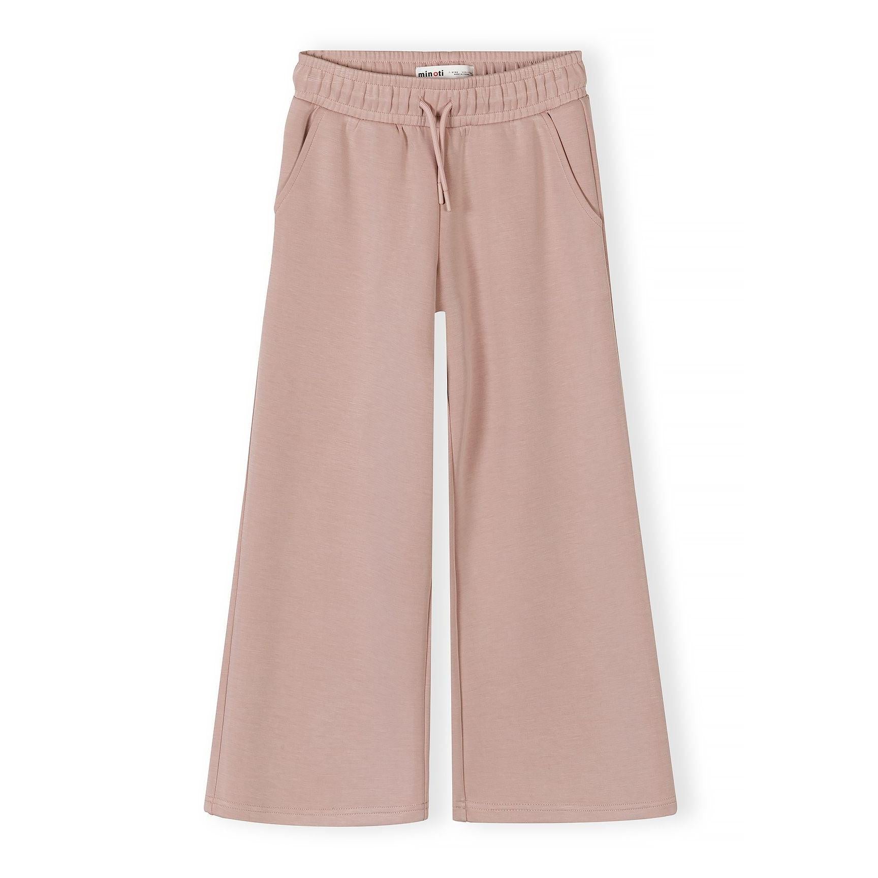 Pink wide leg joggers laid flat showing full length design with elasticated waistband and side pockets on white background